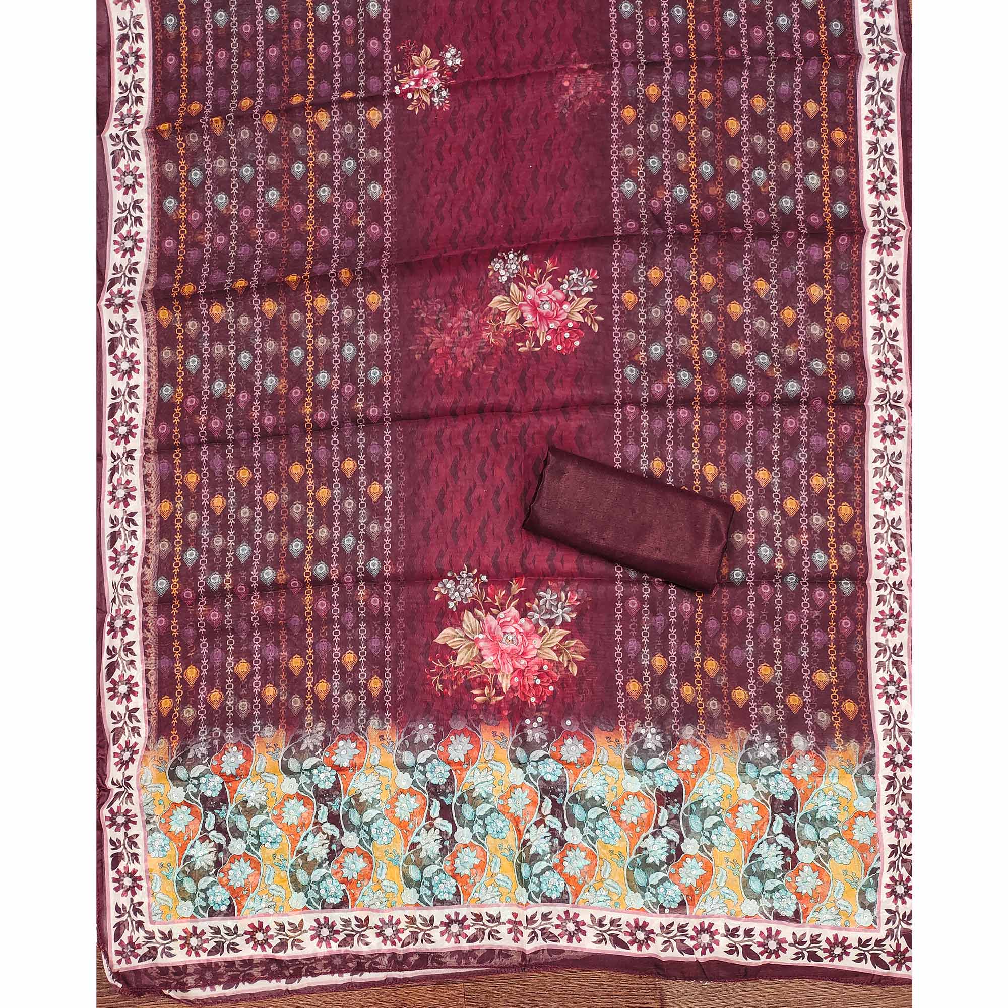 Off-White & Maroon Organza Dress Material with Elegant Floral Prints