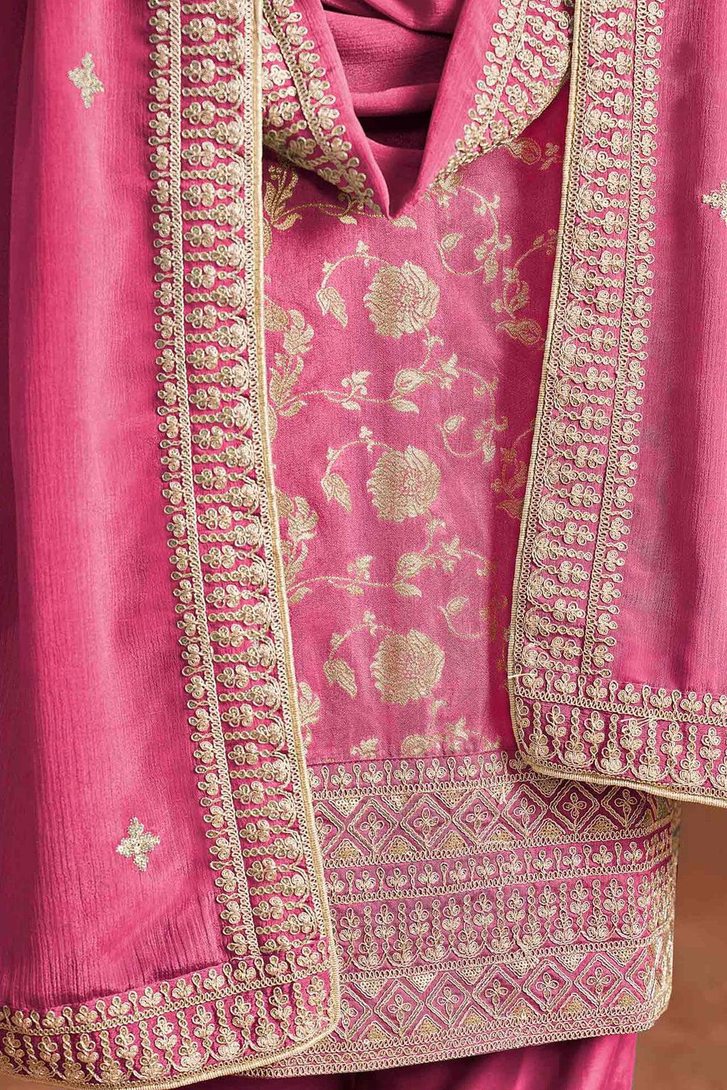 Pink Floral Woven Dola Silk Jacquard Dress Material