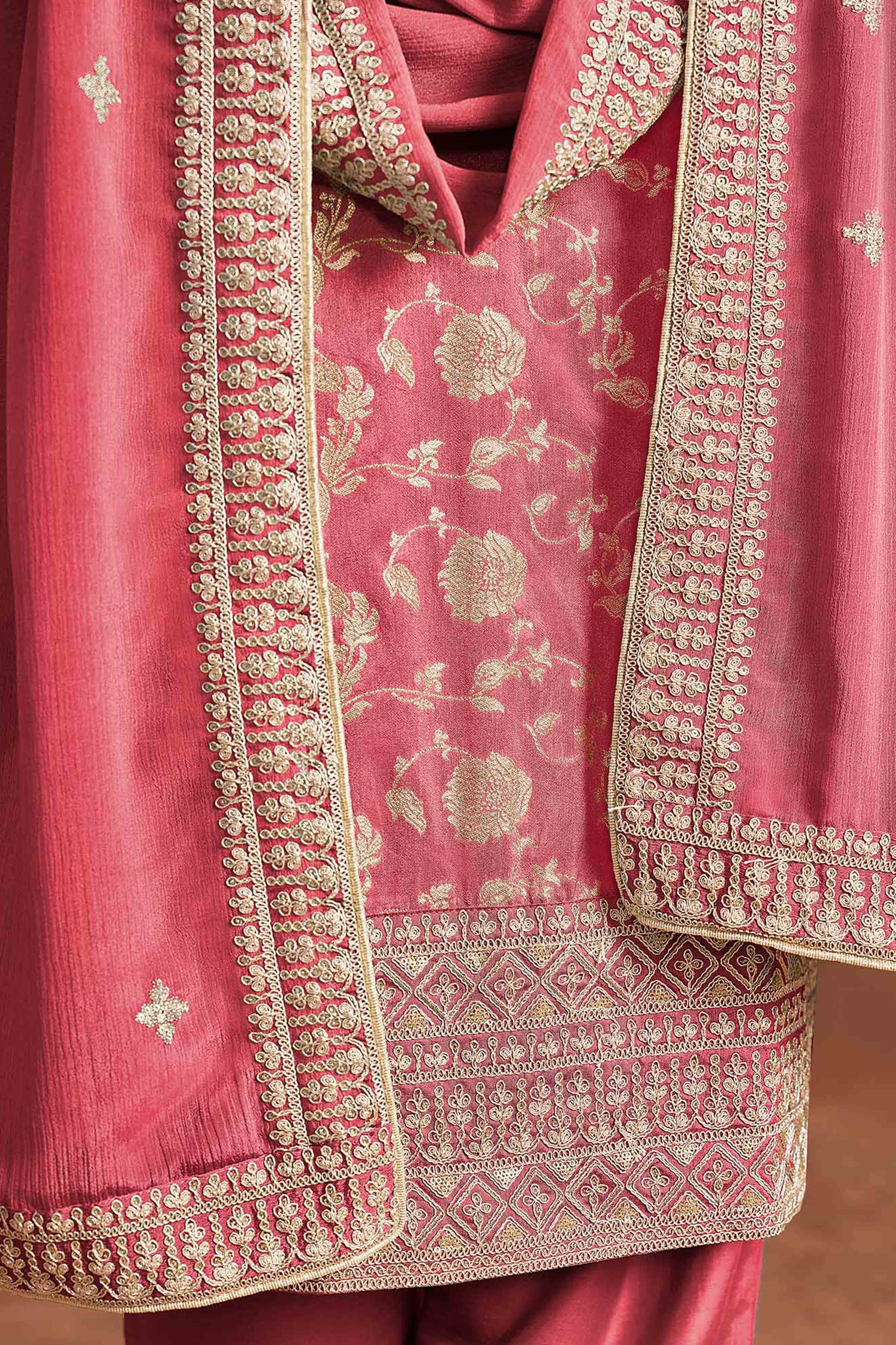 Peach Floral Woven Dola Silk Jacquard Dress Material