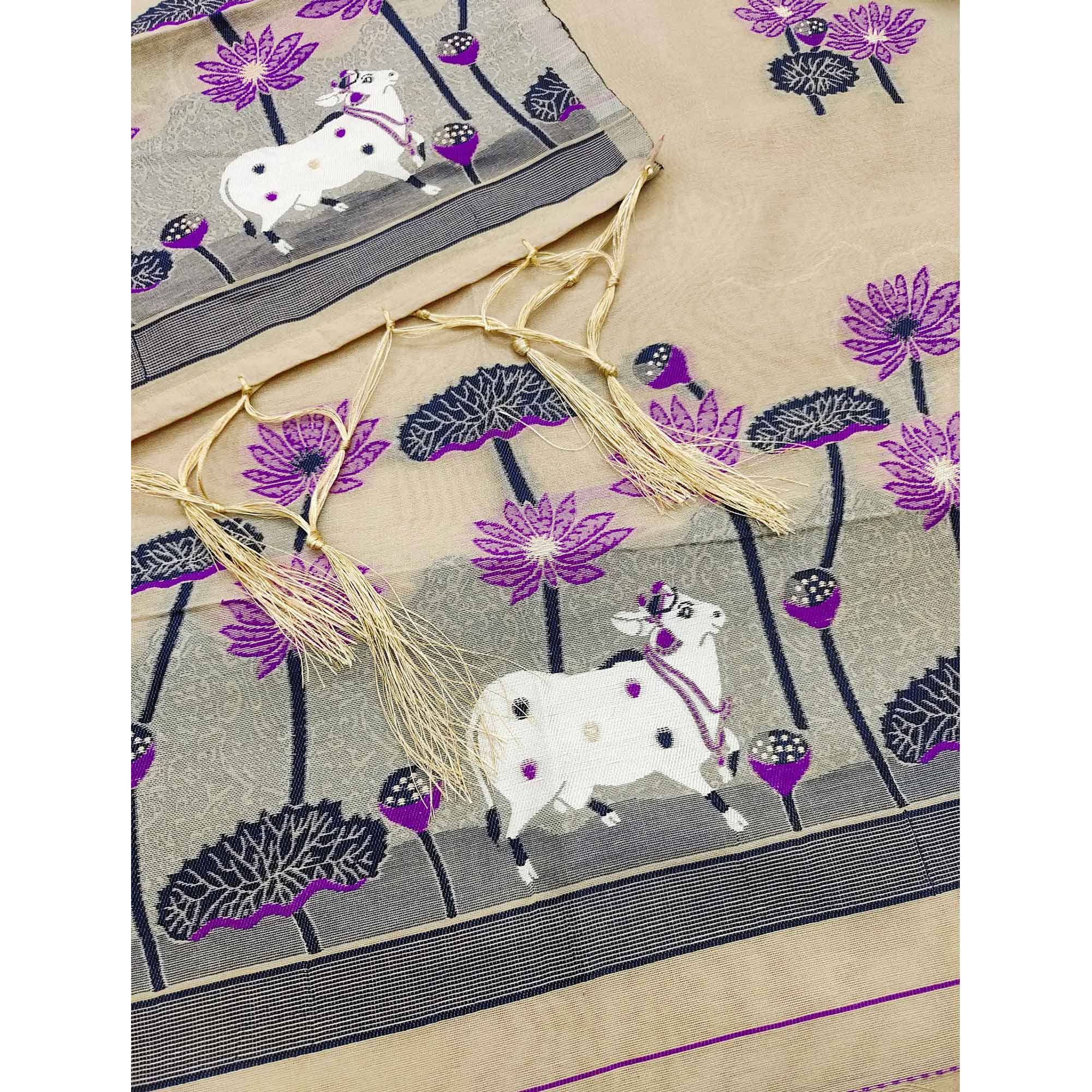 Chikoo Cotton Blend Dress Material With Intricate Floral Zari Weaving Detail