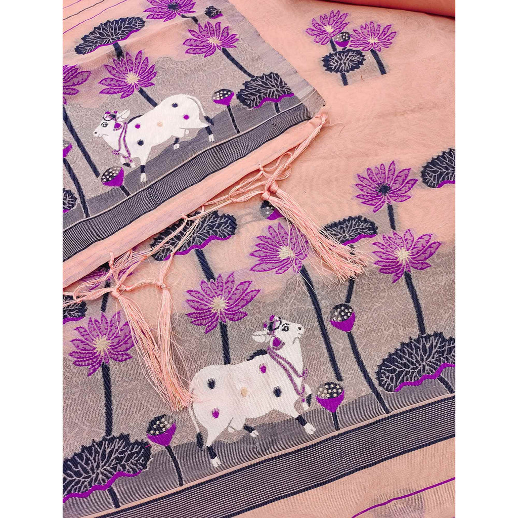 Peach Cotton Blend Dress Material With Intricate Floral Zari Weaving Detail