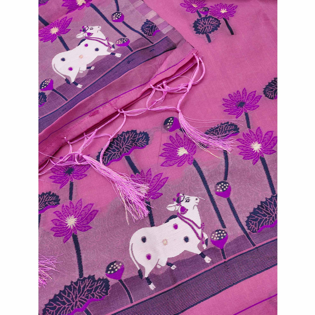 Pink Cotton Blend Dress Material With Intricate Floral Zari Weaving Detail