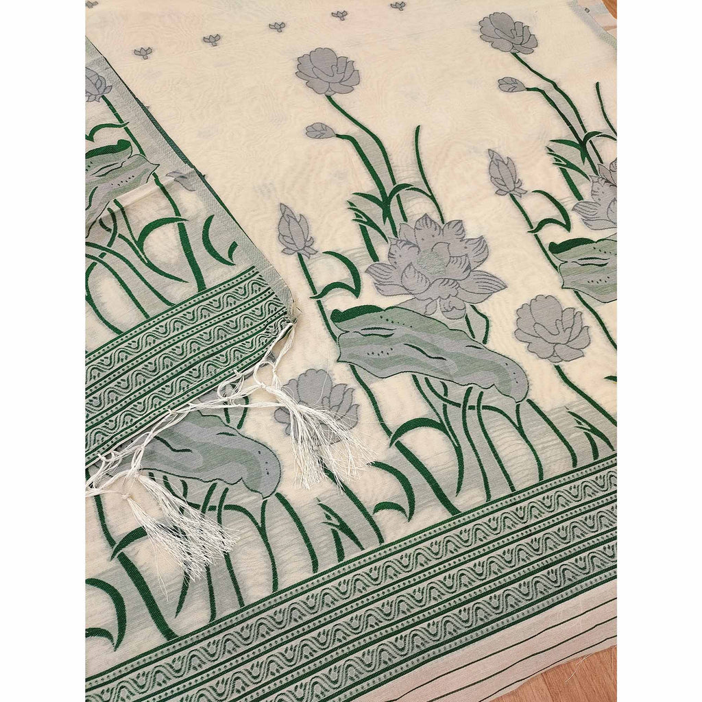 Cream Ethnic Dress Material Showcasing Handloom Style Floral Zari Weaving