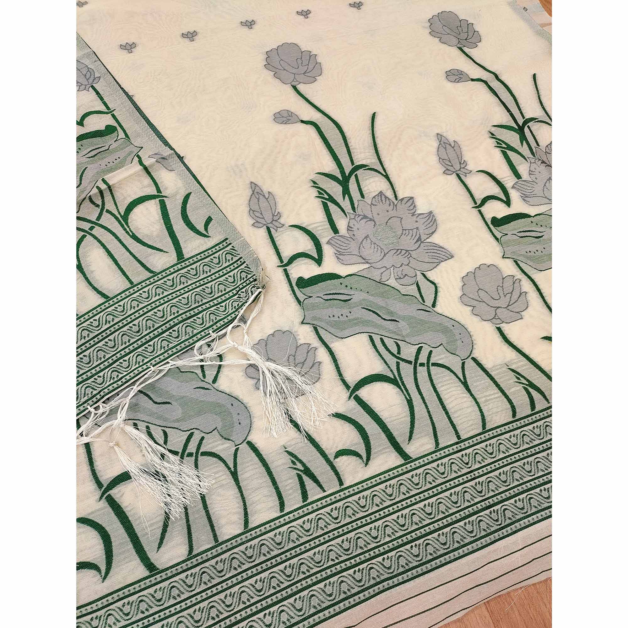 Cream Ethnic Dress Material Showcasing Handloom Style Floral Zari Weaving