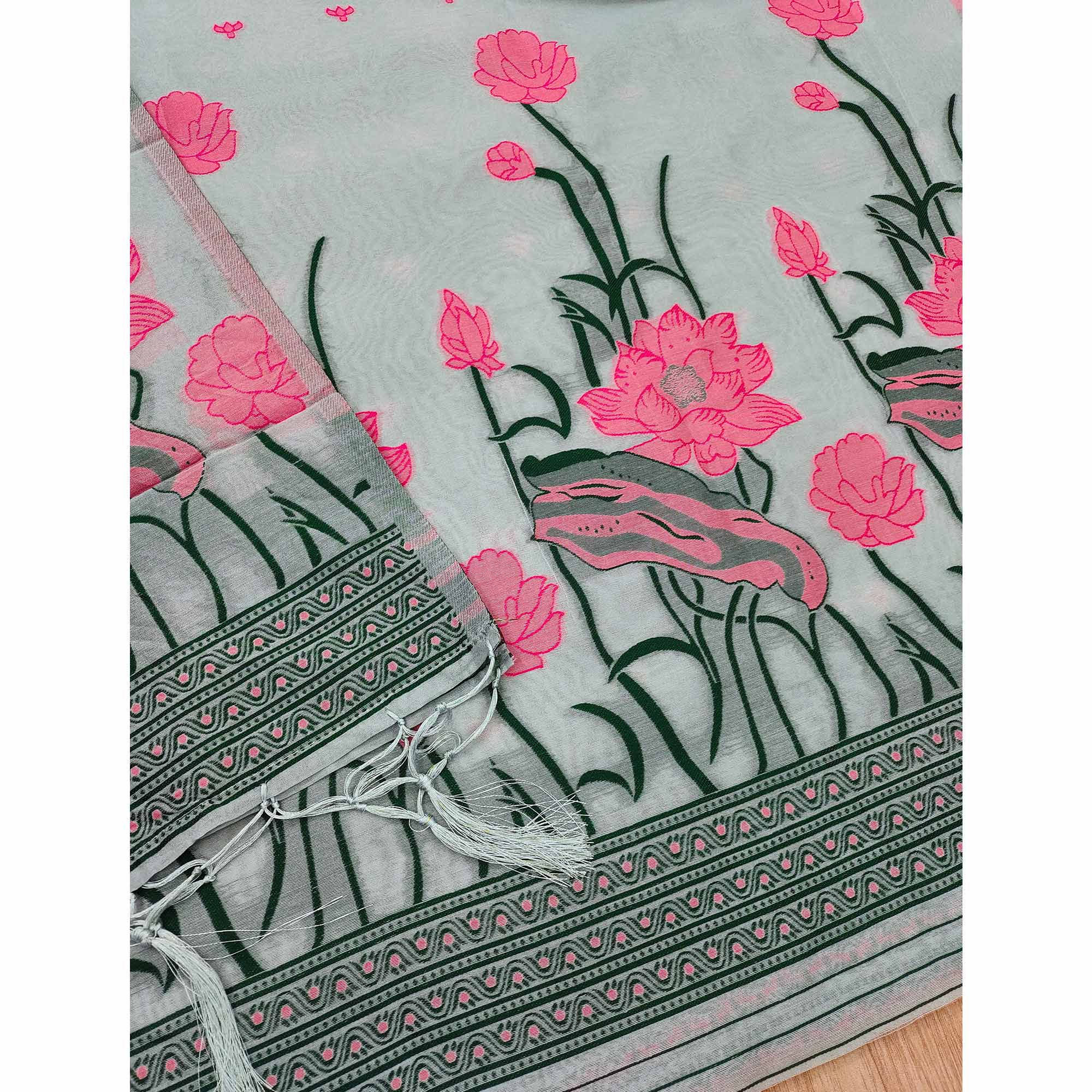 Grey Ethnic Dress Material Showcasing Handloom Style Floral Zari Weaving