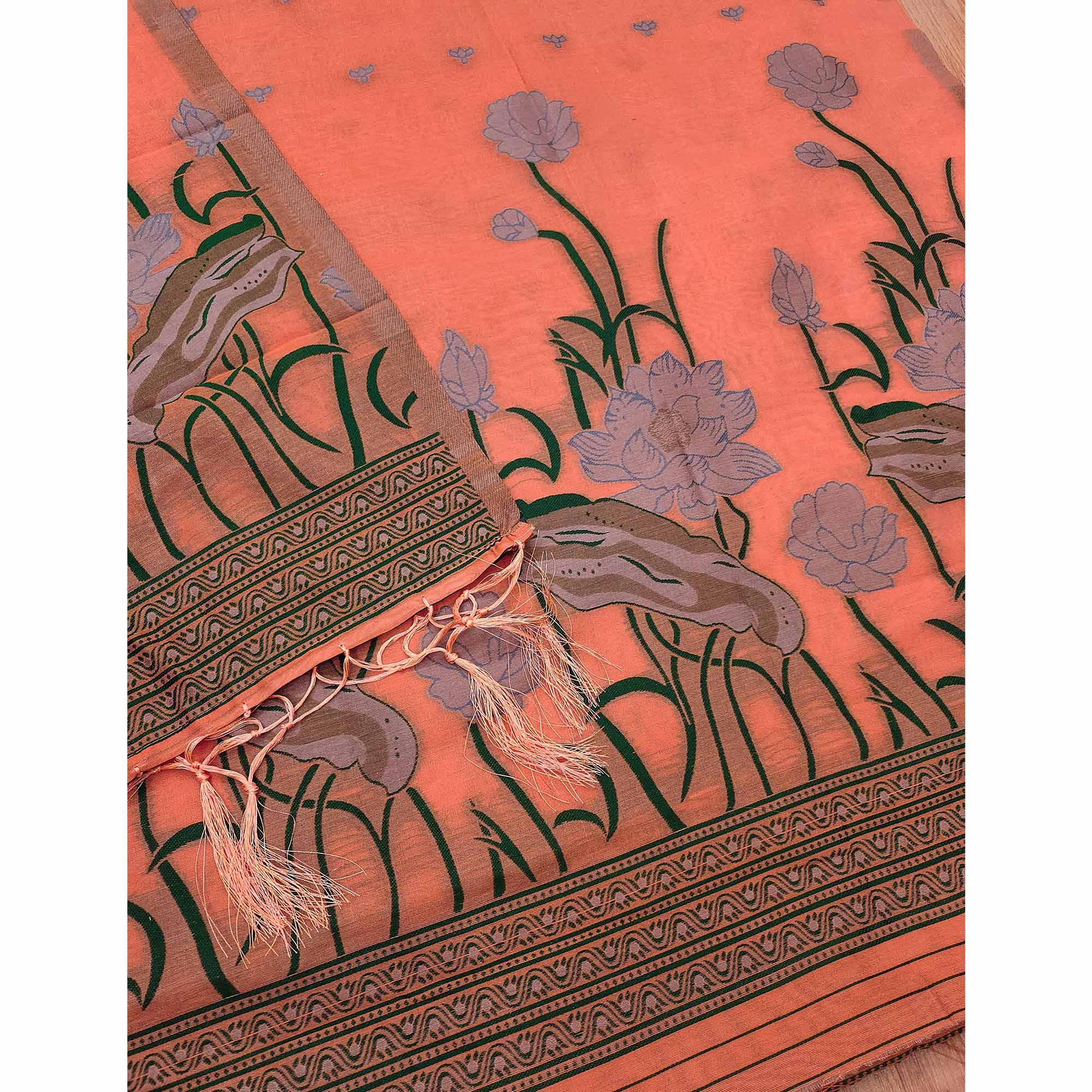 Peach Ethnic Dress Material Showcasing Handloom Style Floral Zari Weaving