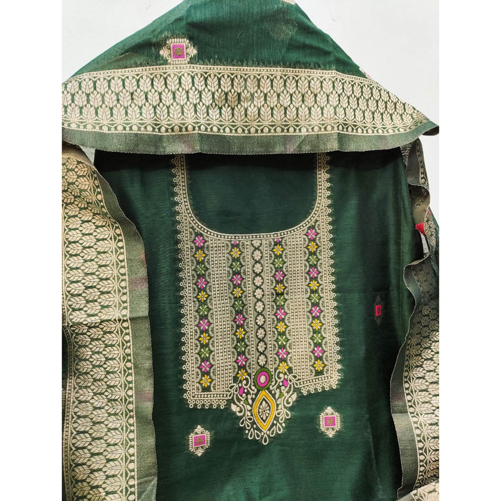 Green Floral Woven Chanderi Dress Material