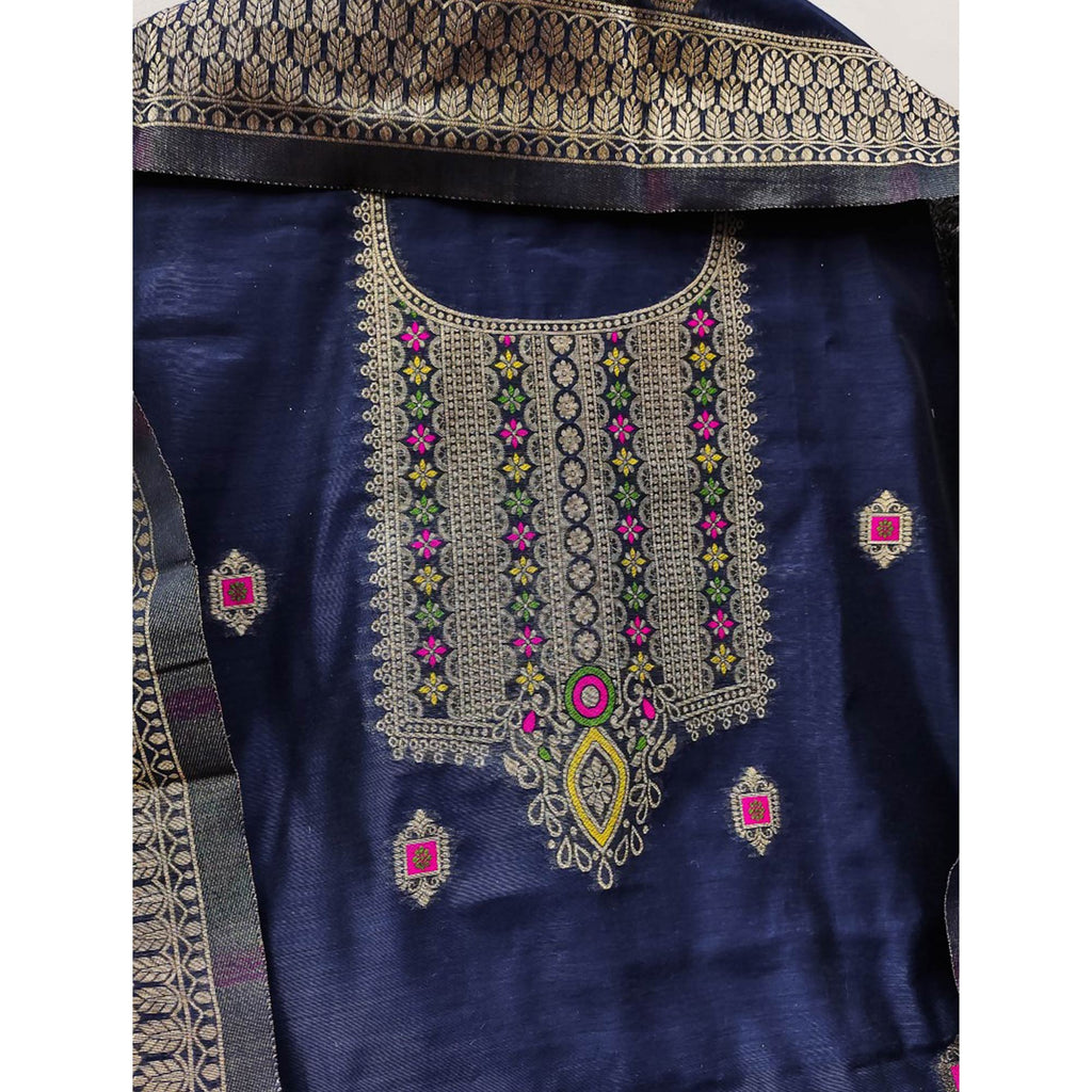 Navy Blue Floral Woven Chanderi Dress Material