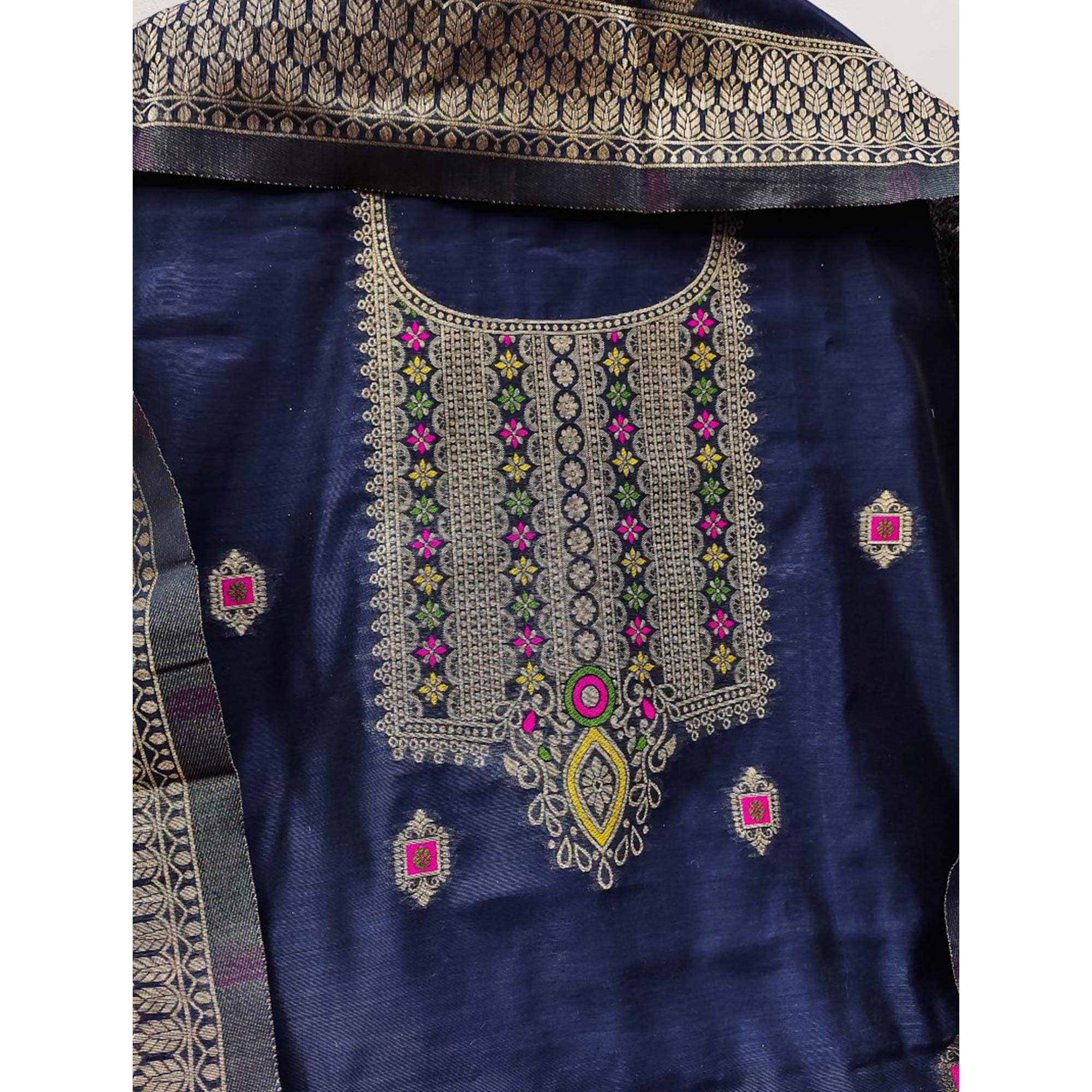 Navy Blue Floral Woven Chanderi Dress Material