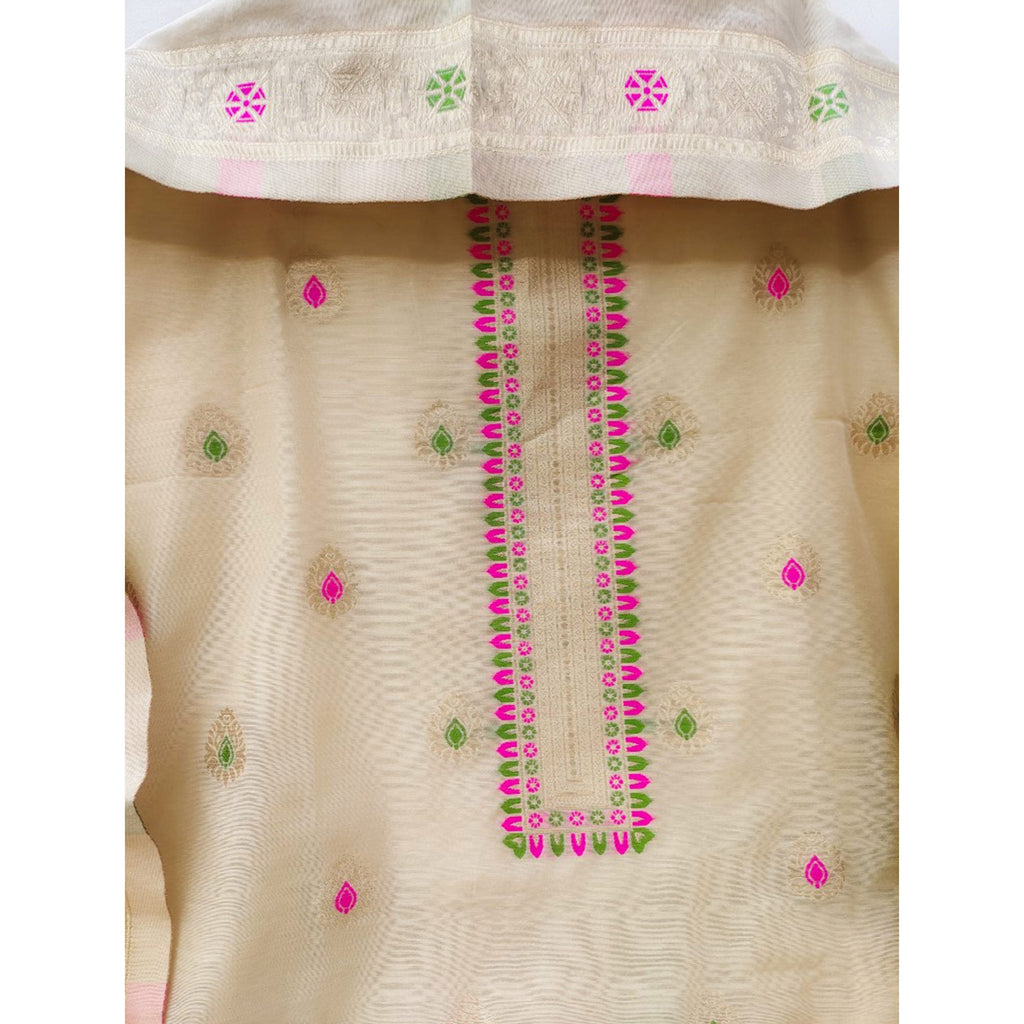 Beige Floral Woven Chanderi Dress Material