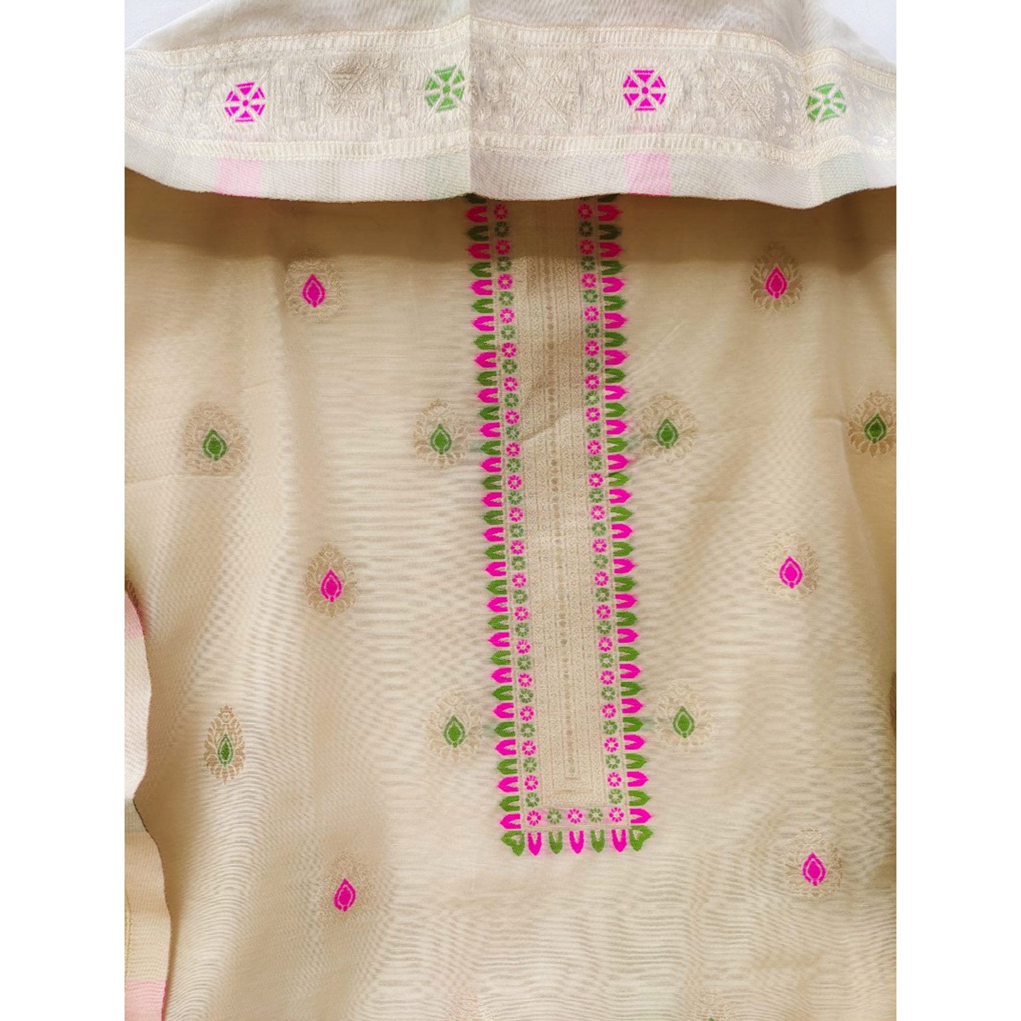 Beige Floral Woven Chanderi Dress Material