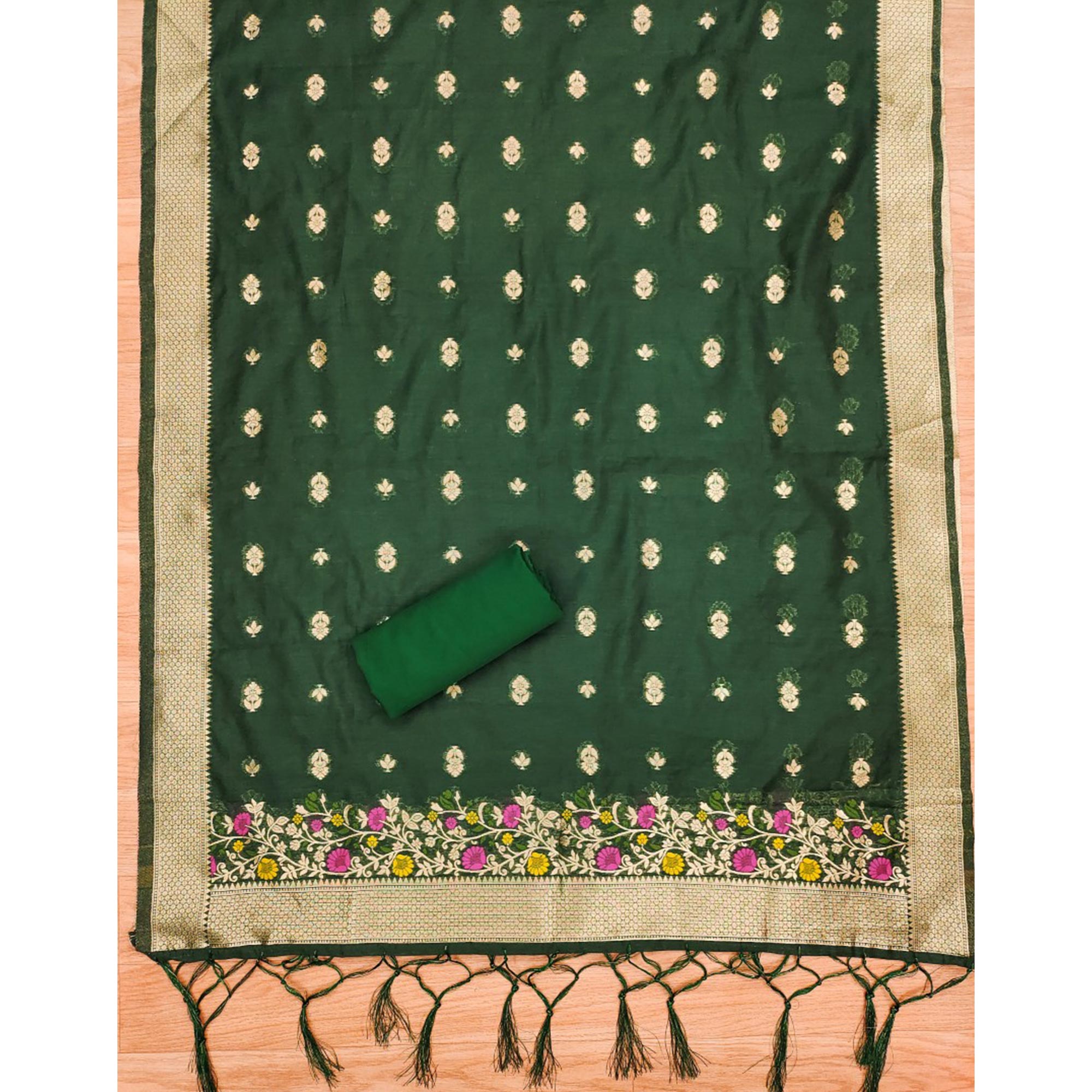 Green Floral Woven Chanderi Dress Material
