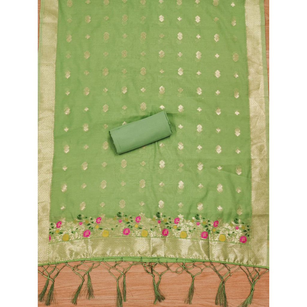 Light Green Floral Woven Chanderi Dress Material