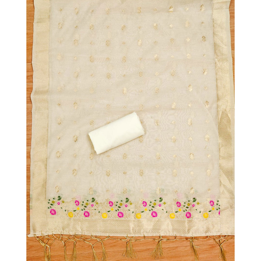 Off White Floral Woven Chanderi Dress Material