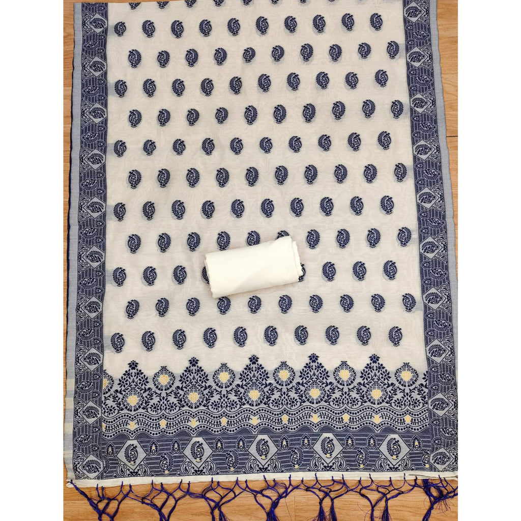 Offwhite & Navy Blue Floral Woven Chanderi Dress Material