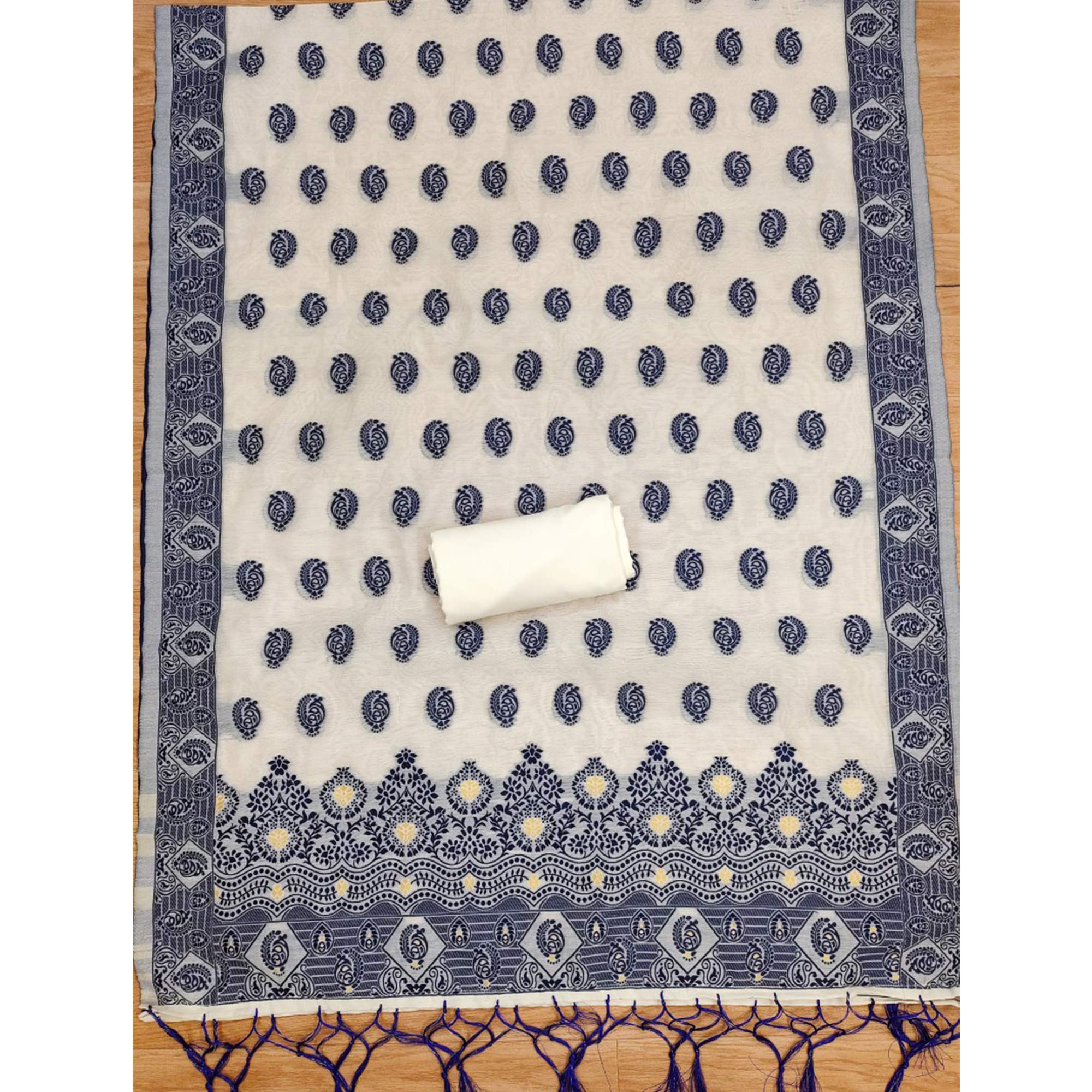 Offwhite & Navy Blue Floral Woven Chanderi Dress Material
