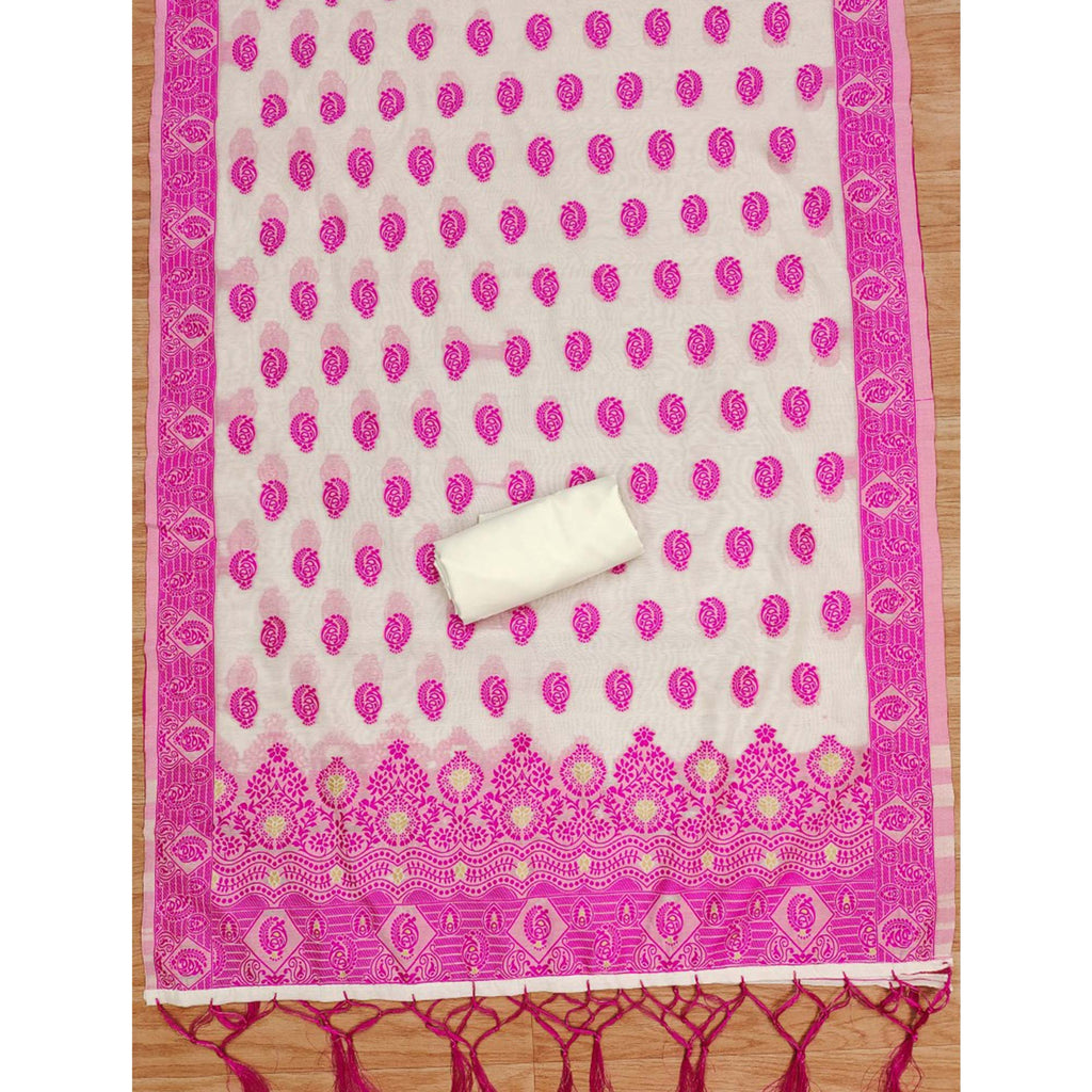 Offwhite & Pink Floral Woven Chanderi Dress Material