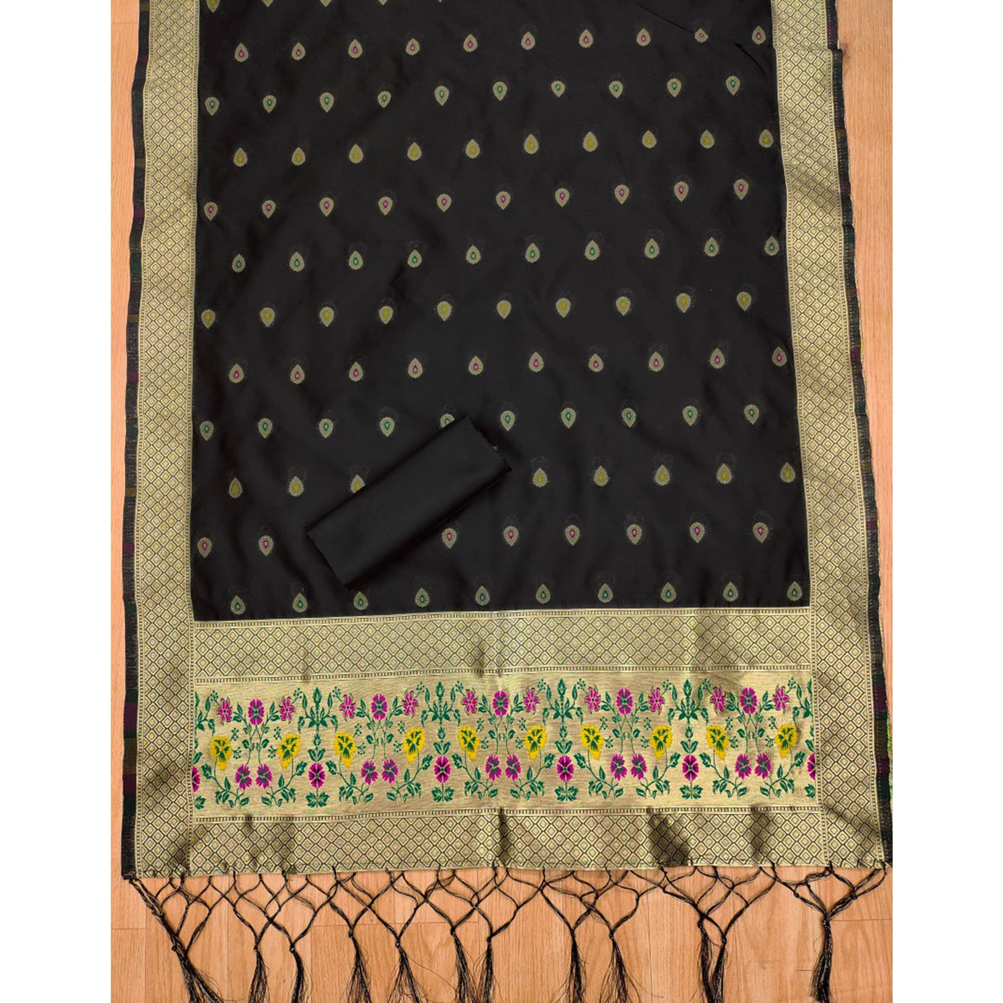 Black Floral Zari Woven Banarasi Silk Dress Material