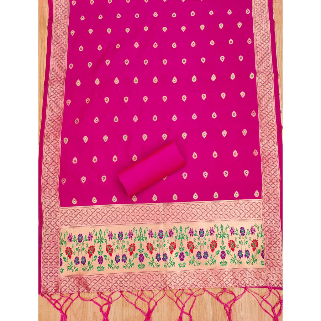 Pink Floral Zari Woven Banarasi Silk Dress Material