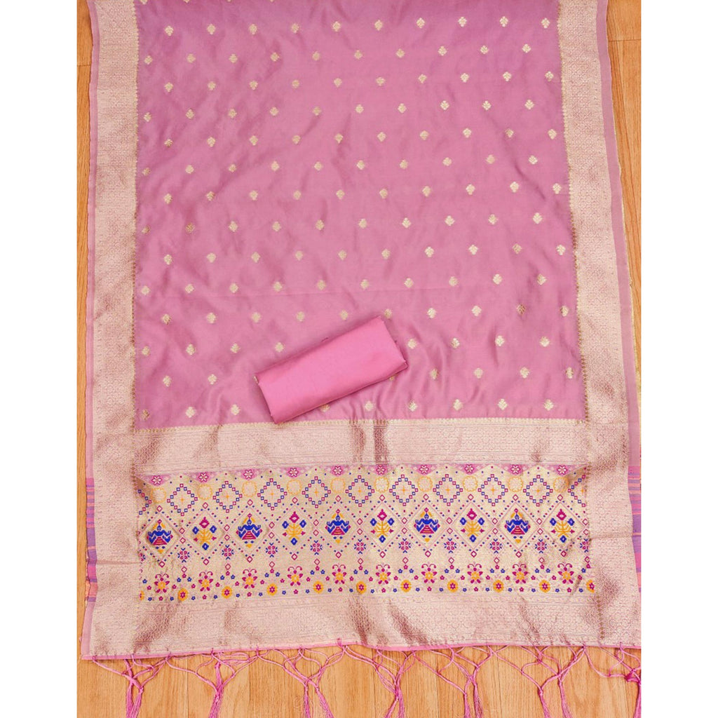 Baby Pink Floral Zari Woven Banarasi Silk Dress Material