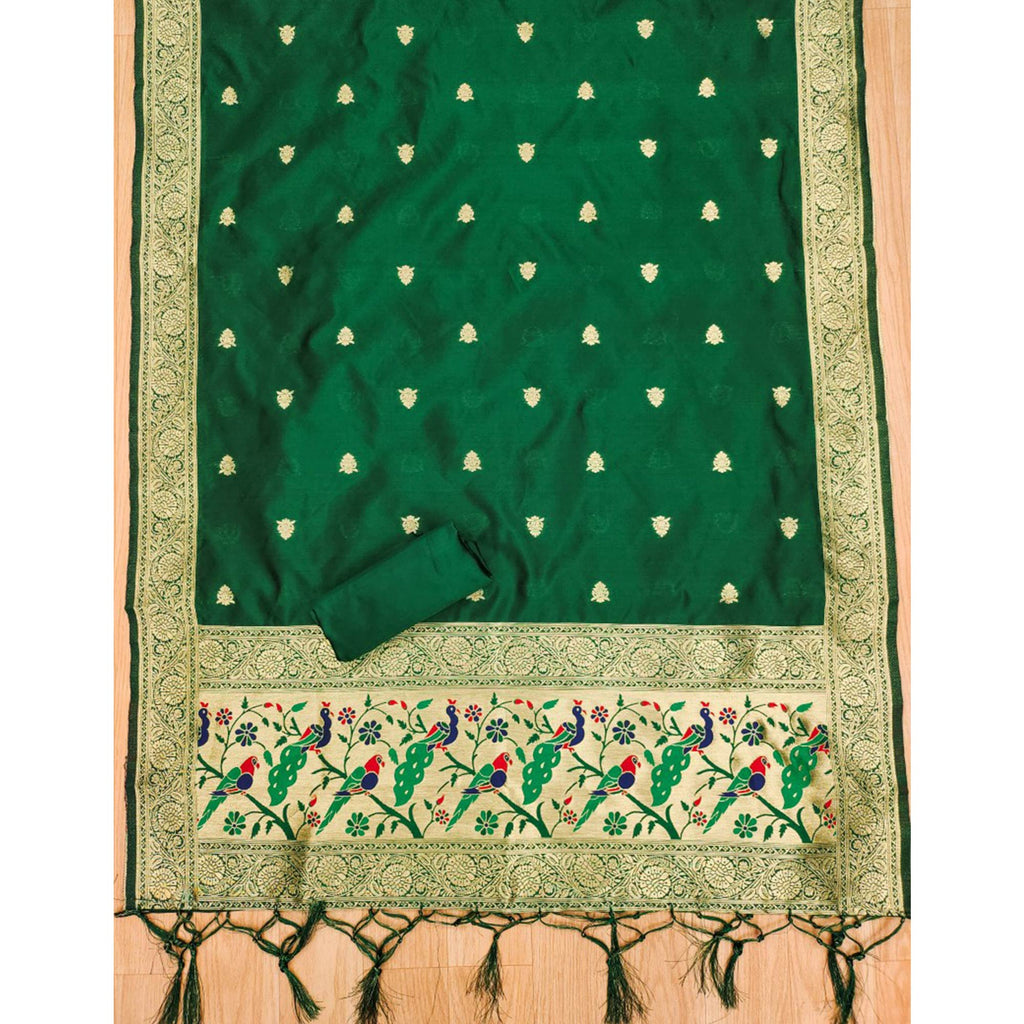 Green Floral Zari Woven Banarasi Silk Dress Material