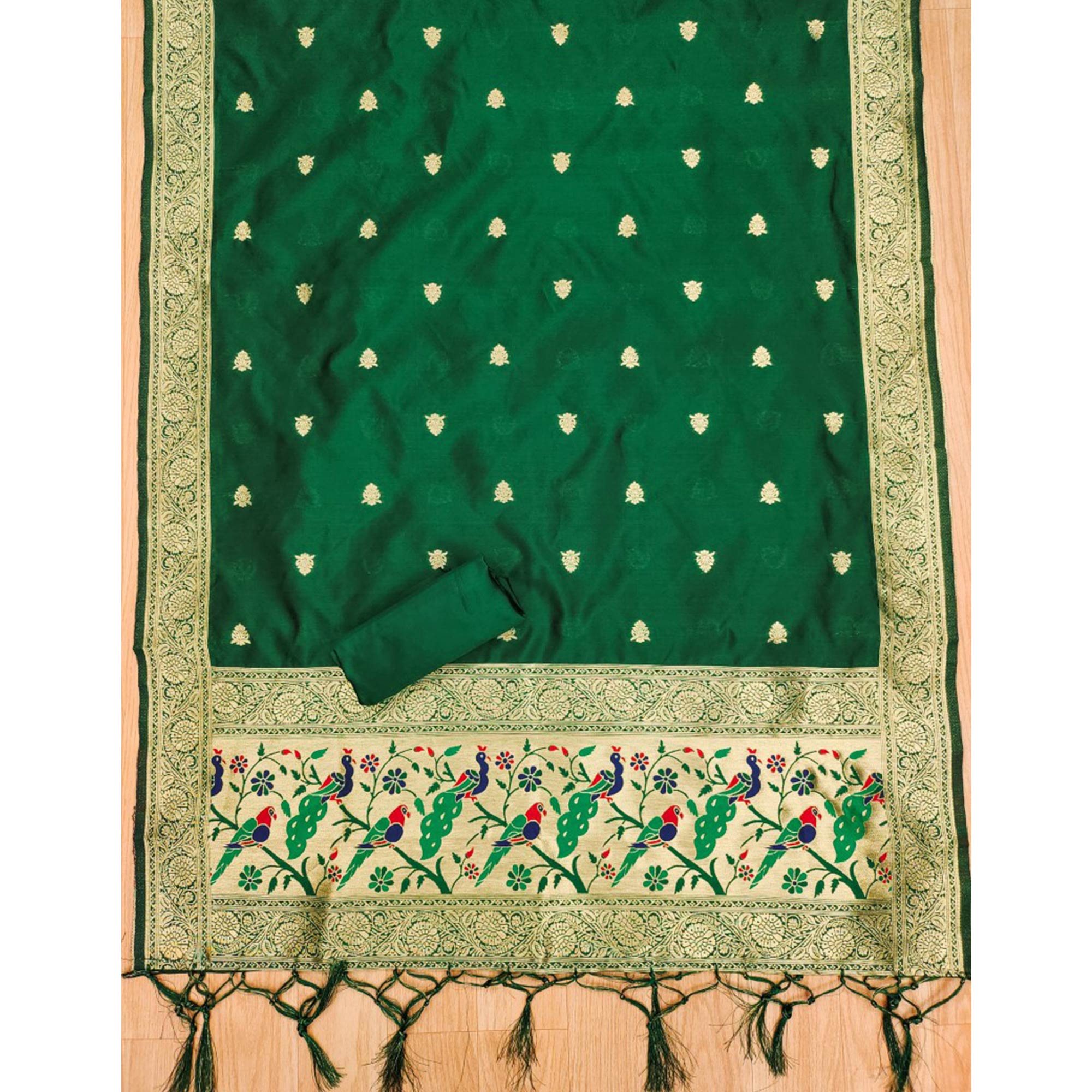 Green Floral Zari Woven Banarasi Silk Dress Material