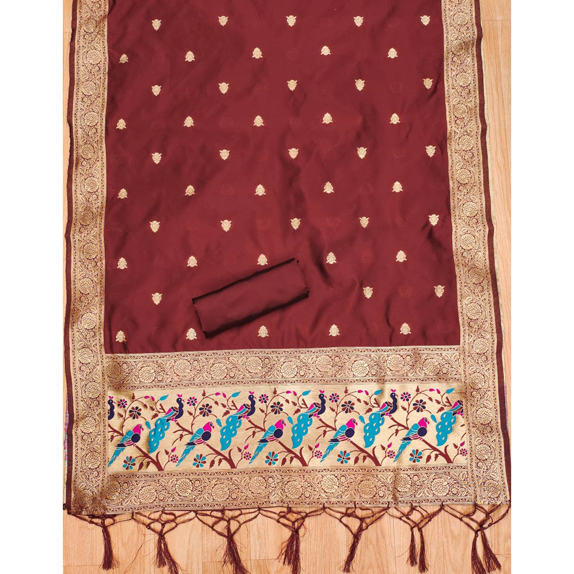 Maroon Floral Zari Woven Banarasi Silk Dress Material