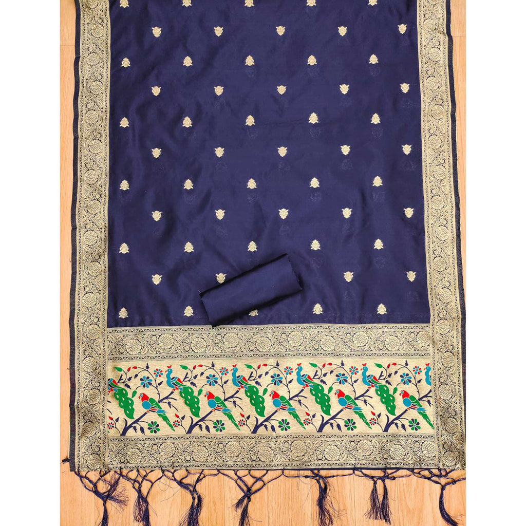 Navy Blue Floral Zari Woven Banarasi Silk Dress Material