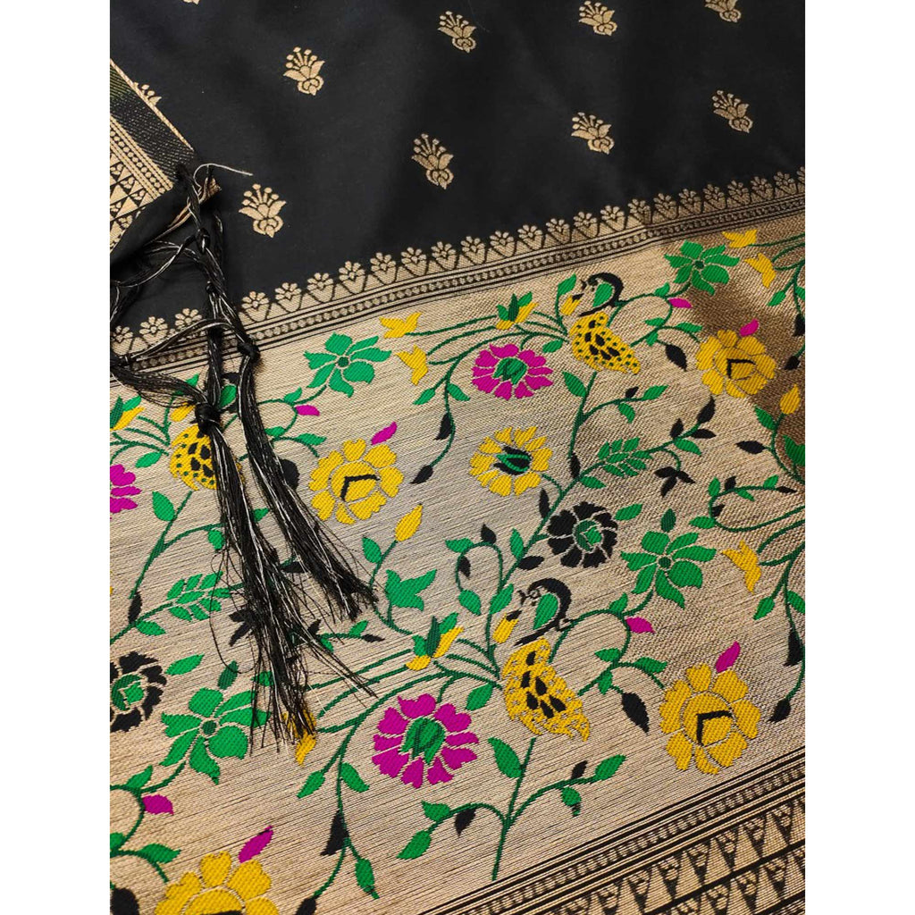 Black Floral Zari Woven Banarasi Silk Dress Material