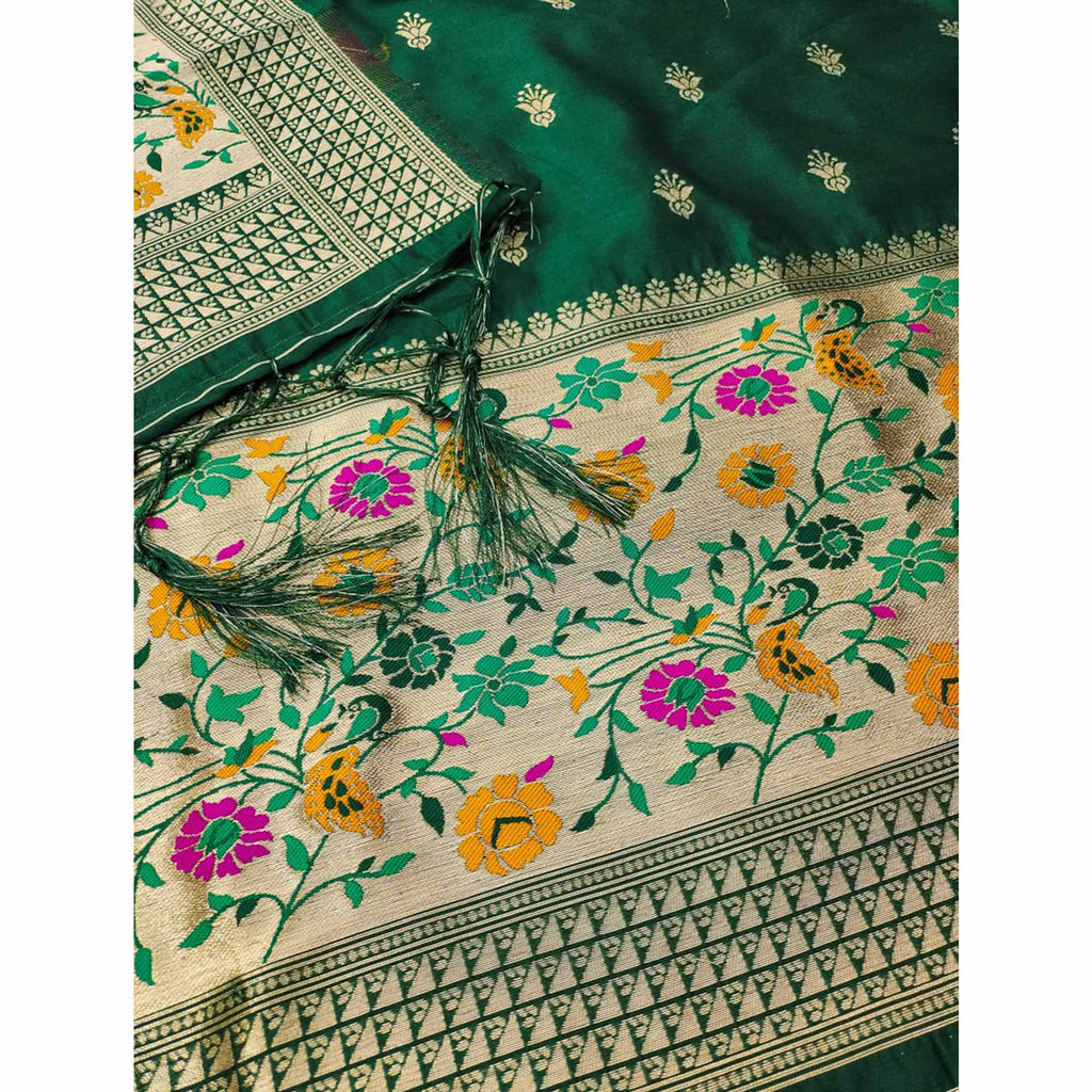 Bottle Green Floral Zari Woven Banarasi Silk Dress Material
