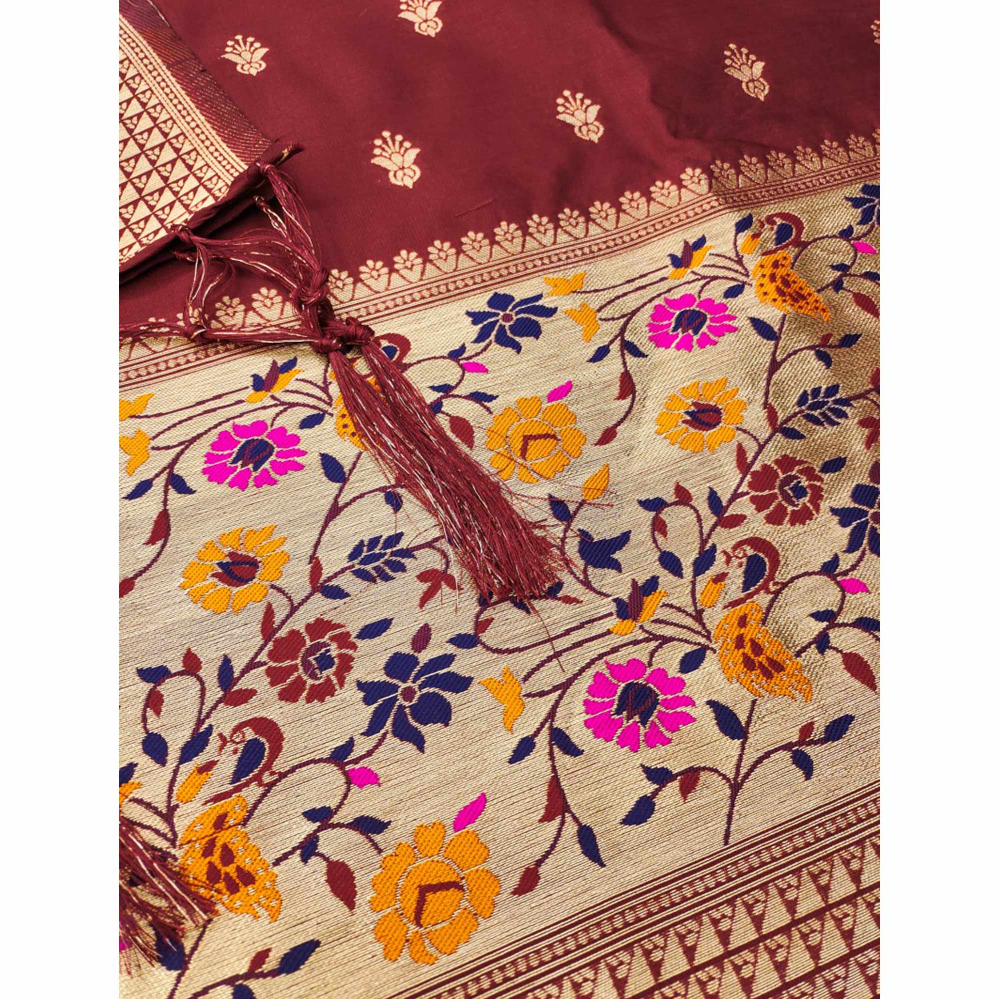 Maroon Floral Zari Woven Banarasi Silk Dress Material