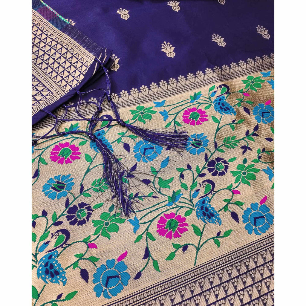 Navy Blue Floral Zari Woven Banarasi Silk Dress Material
