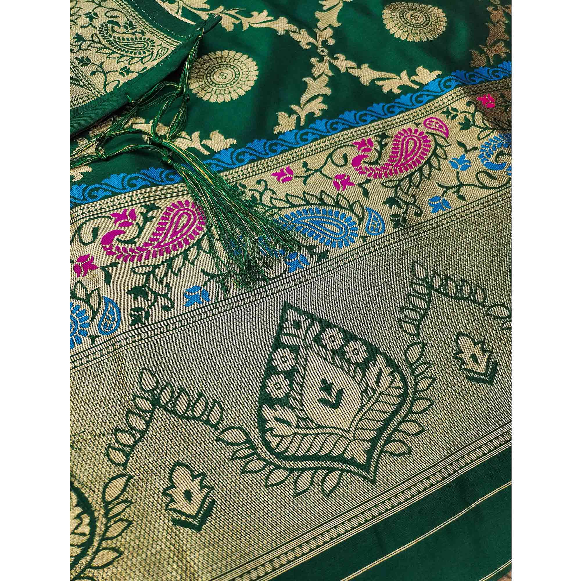 Bottle Green Zari Woven Banarasi Silk Dress Material With Elegant Floral Motifs