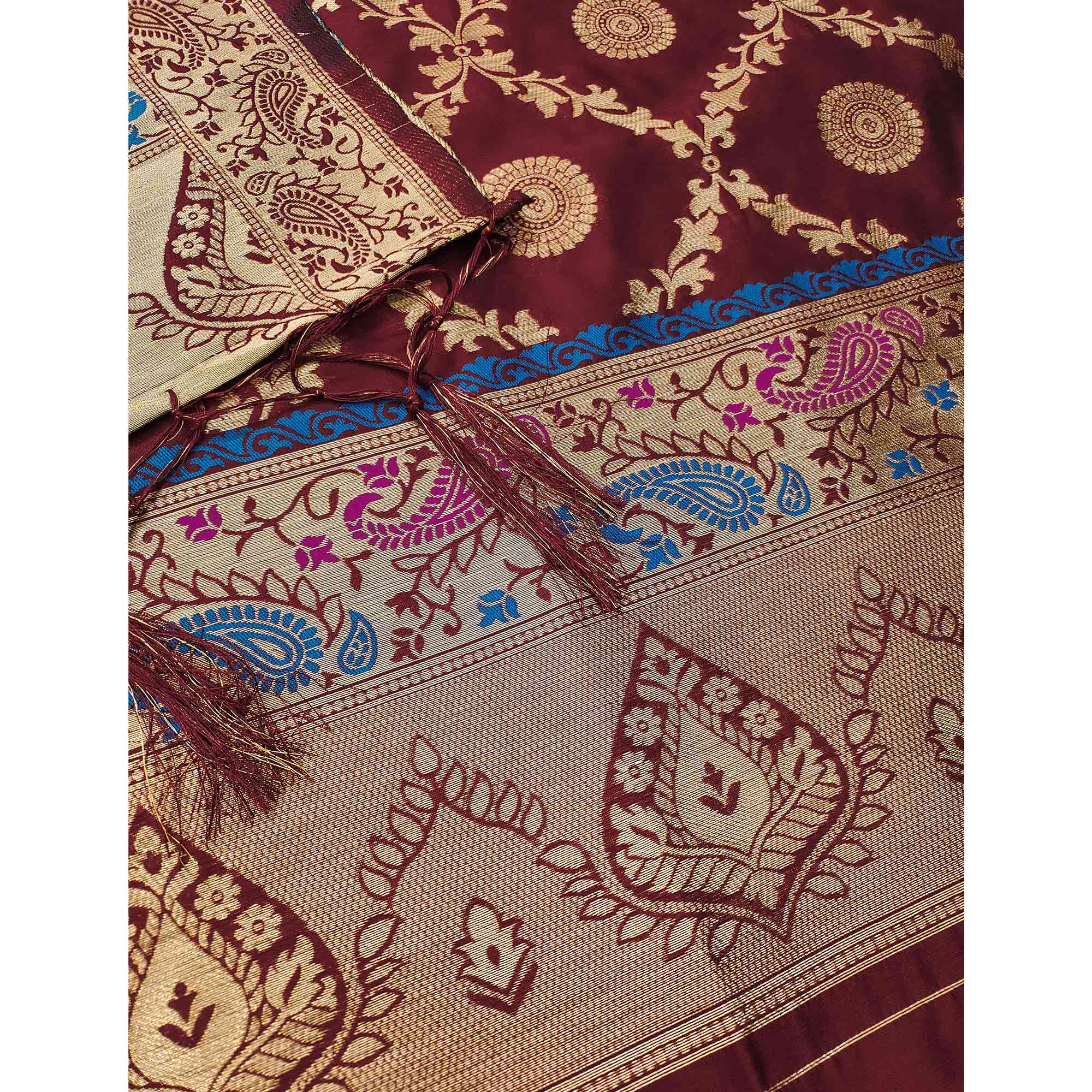 Maroon Zari Woven Banarasi Silk Dress Material With Elegant Floral Motifs