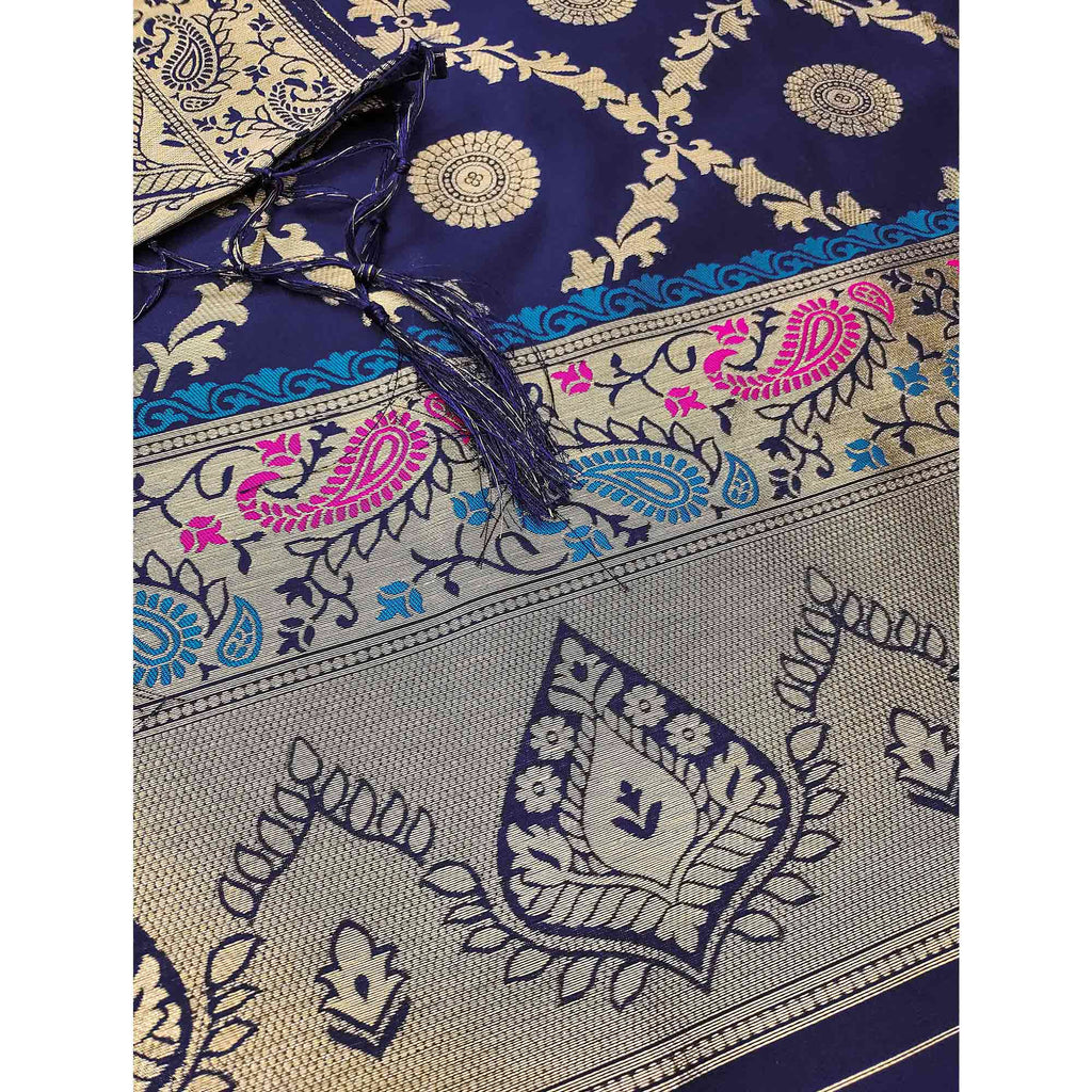Navy Blue Zari Woven Banarasi Silk Dress Material With Elegant Floral Motifs