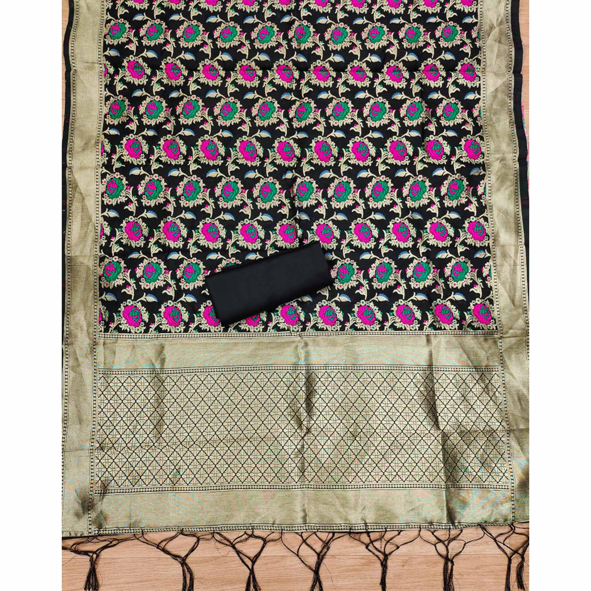 Black Floral Woven Banarasi Silk Dress Material