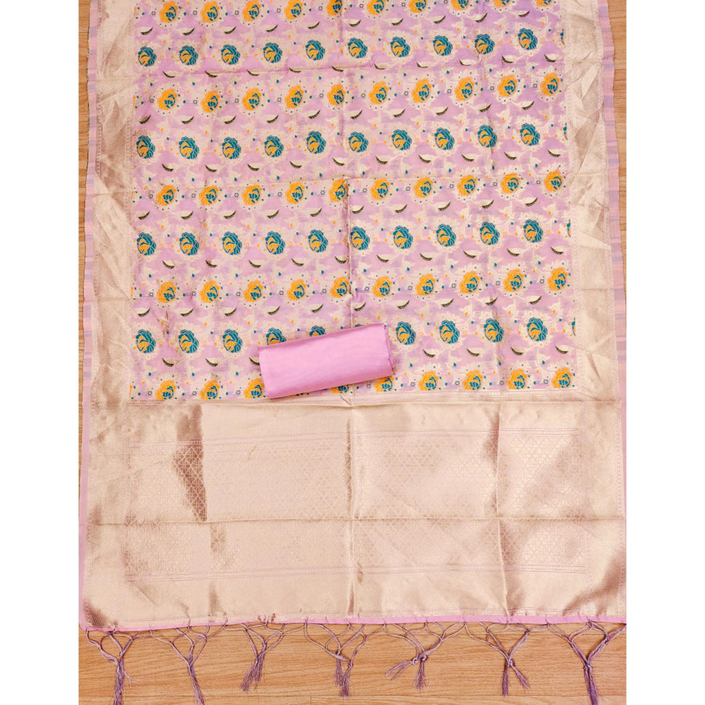 Baby Pink Floral Woven Banarasi Silk Dress Material