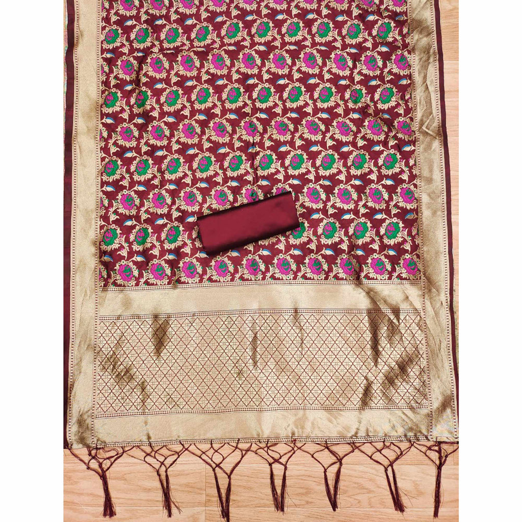 Maroon Floral Woven Banarasi Silk Dress Material