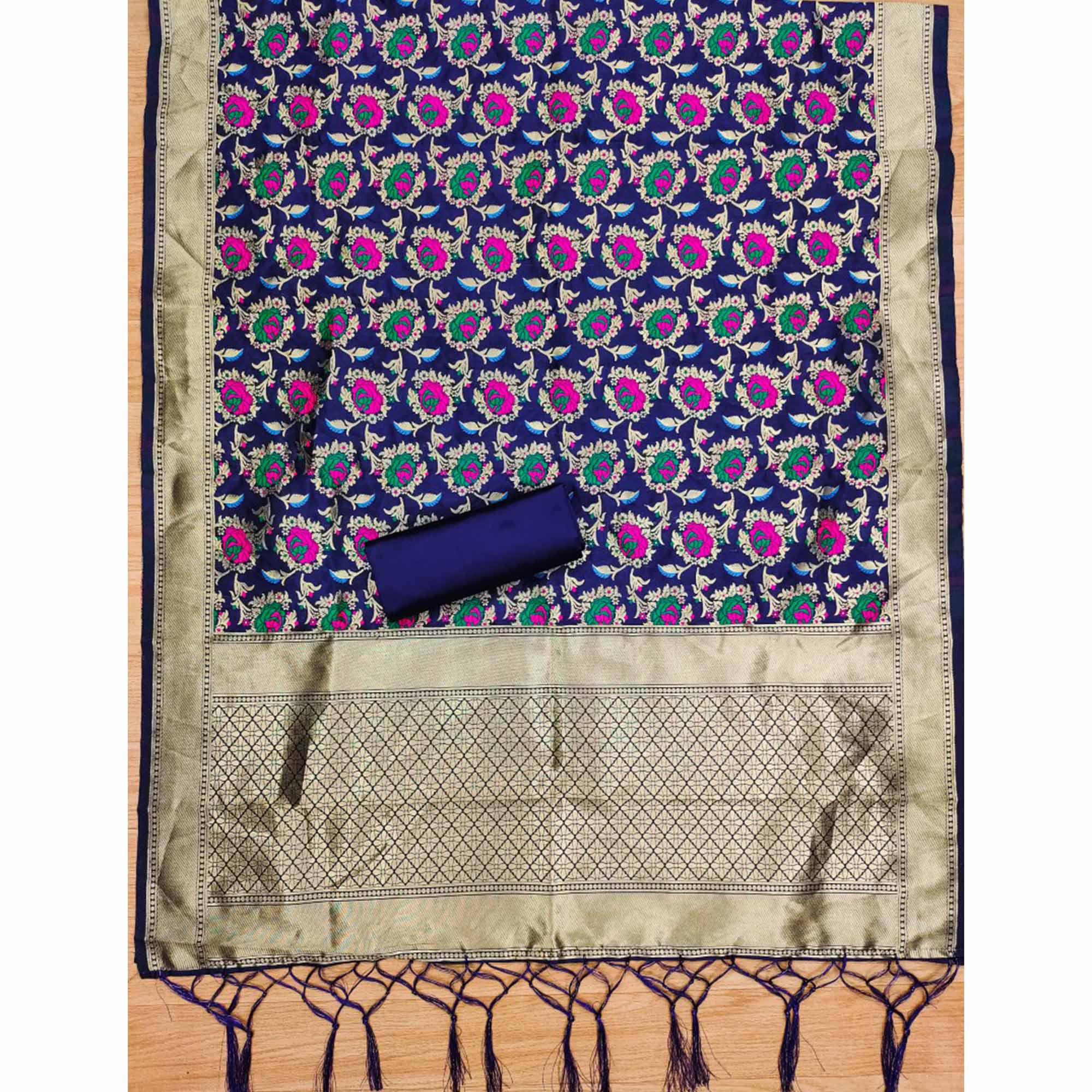 Navy Blue Floral Woven Banarasi Silk Dress Material
