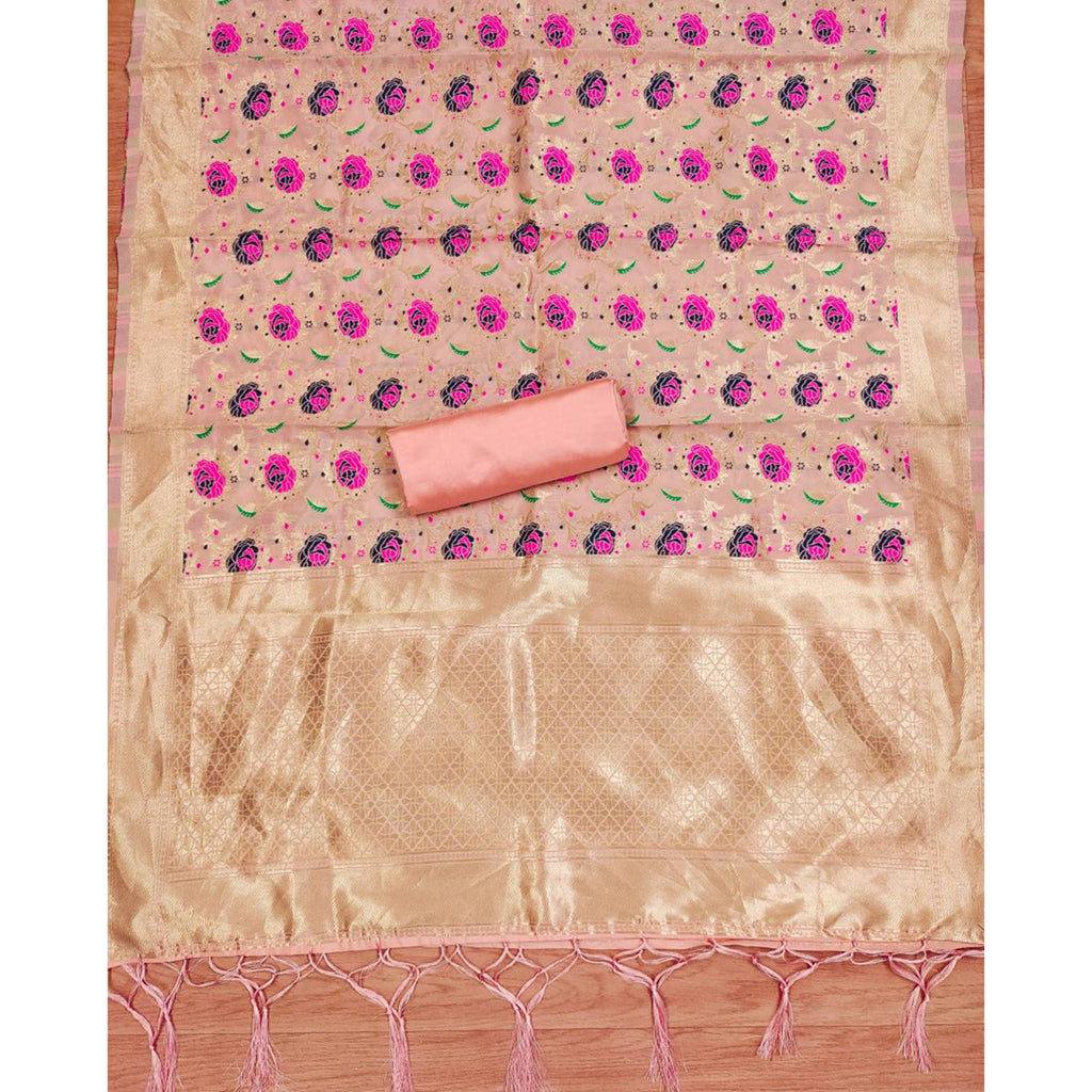 Peach Floral Woven Banarasi Silk Dress Material