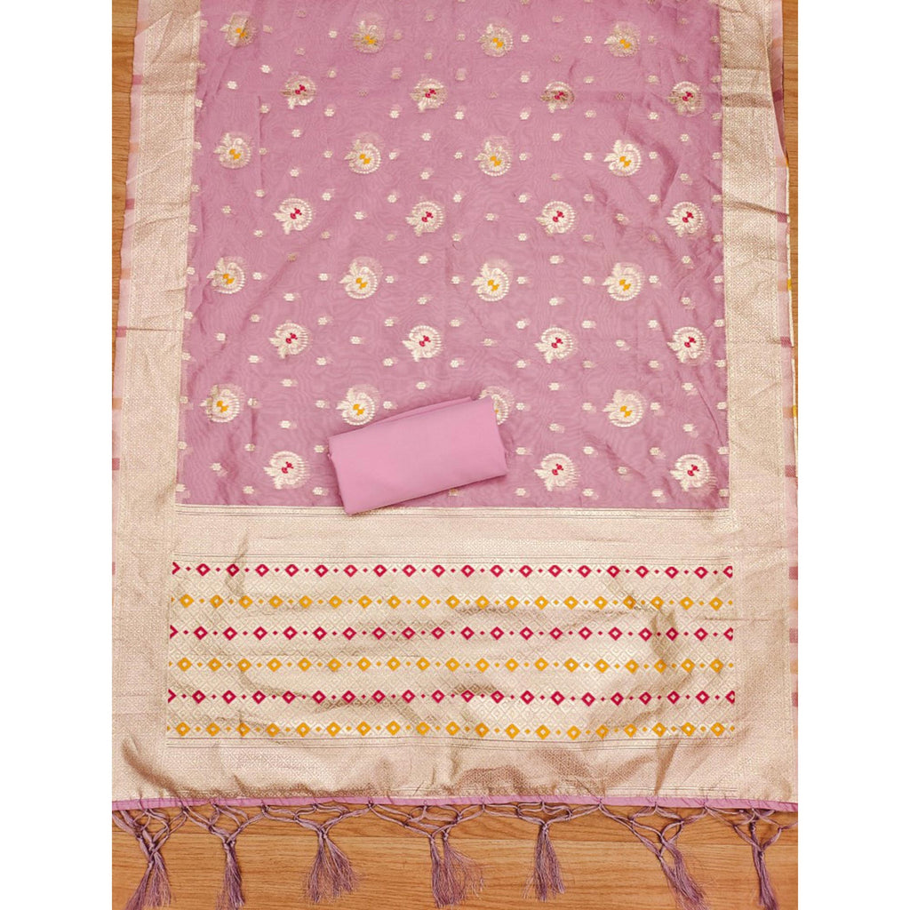 Pink Floral Woven Organza Dress Material