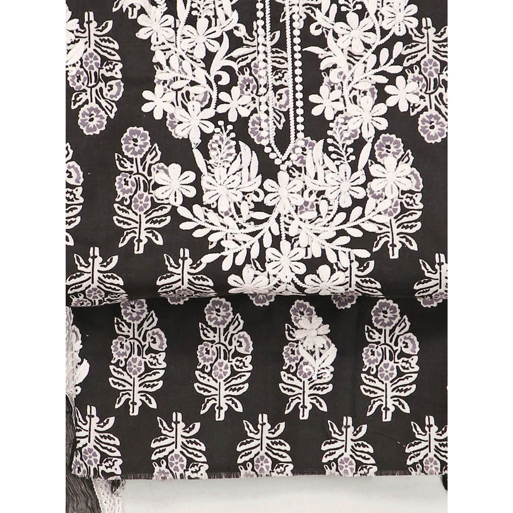 Black Printed With Embroidery Pure Cotton Dress Material