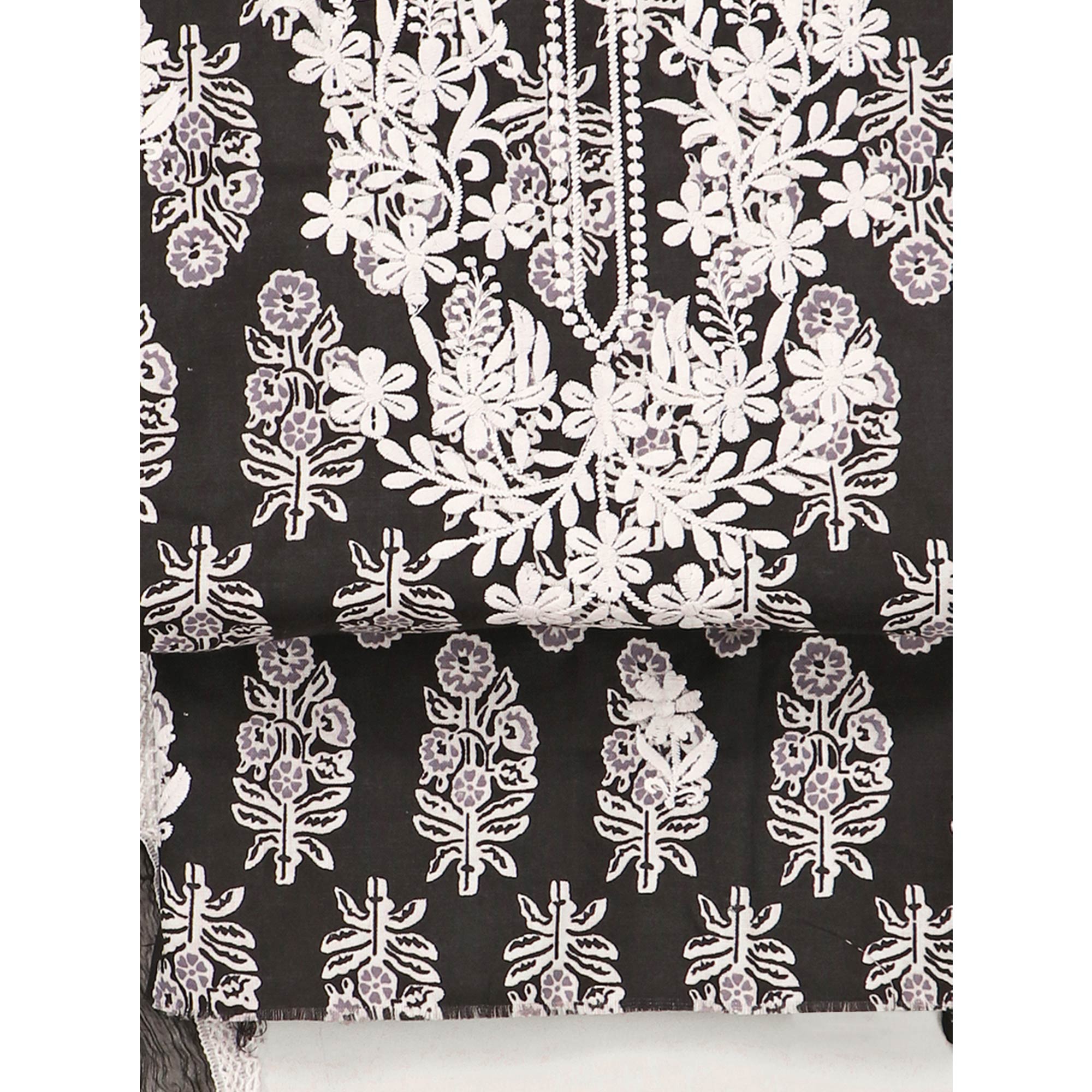 Black Printed With Embroidery Pure Cotton Dress Material