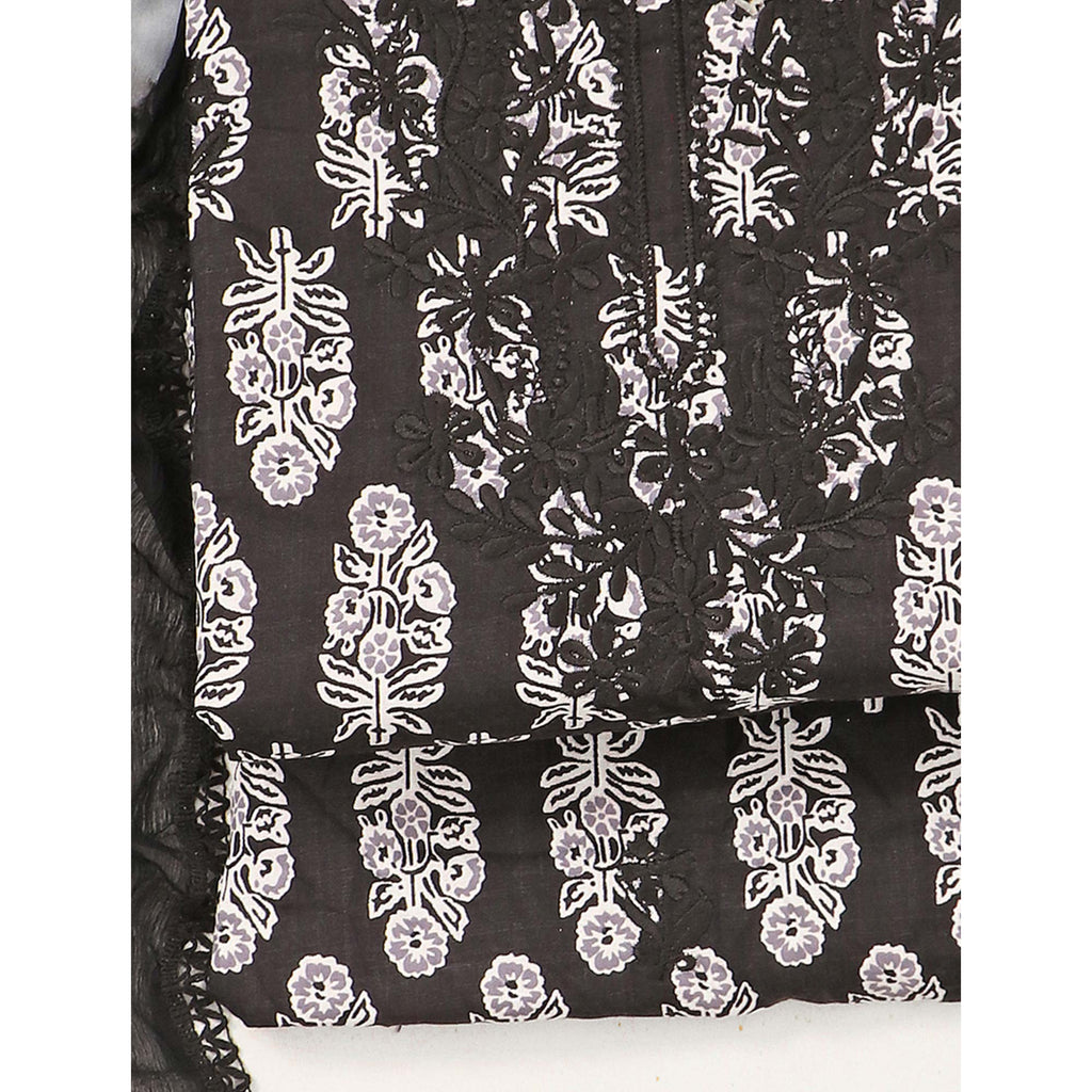 Black Printed With Embroidery Pure Cotton Dress Material