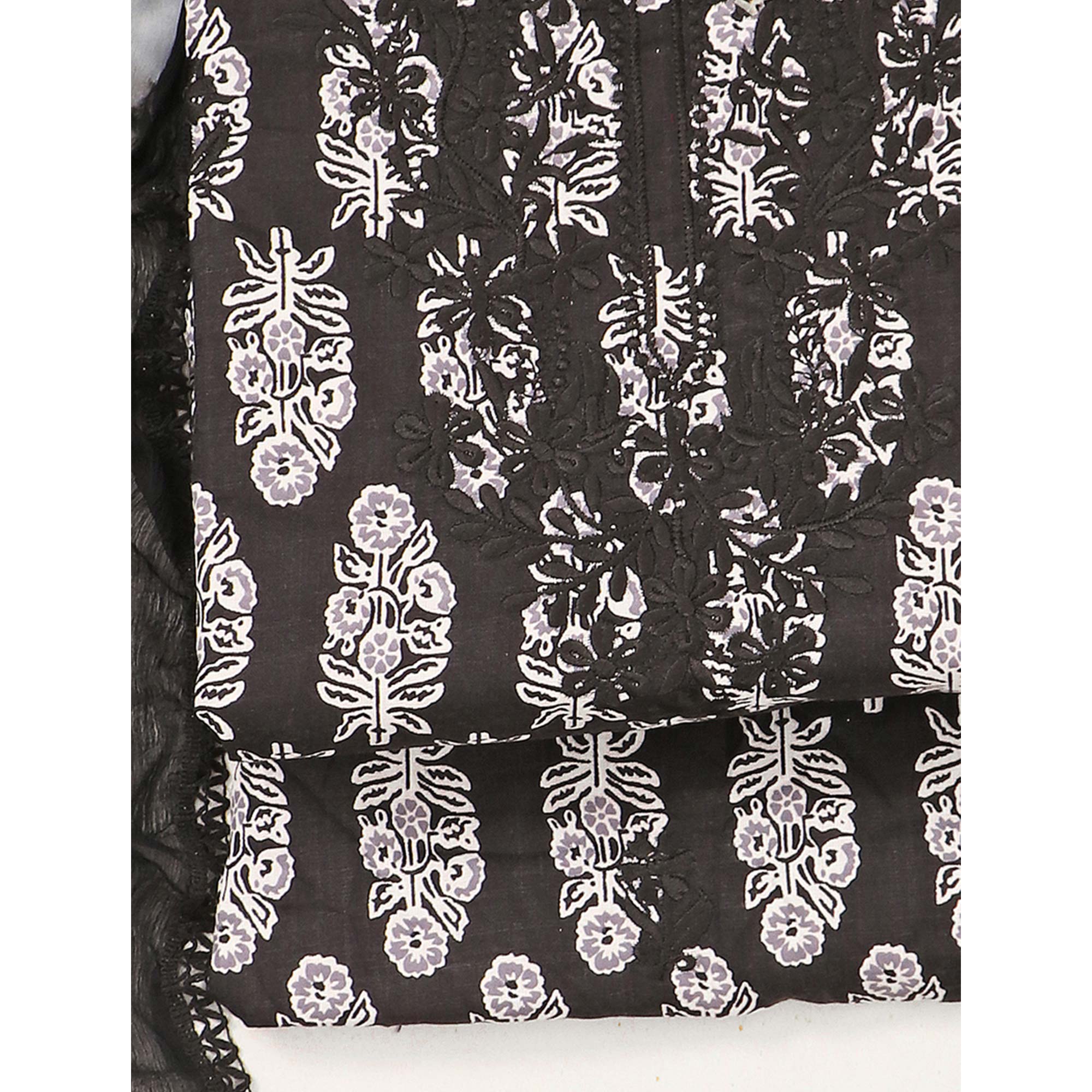 Black Printed With Embroidery Pure Cotton Dress Material