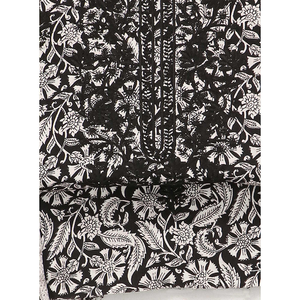 Black Printed With Embroidery Pure Cotton Dress Material