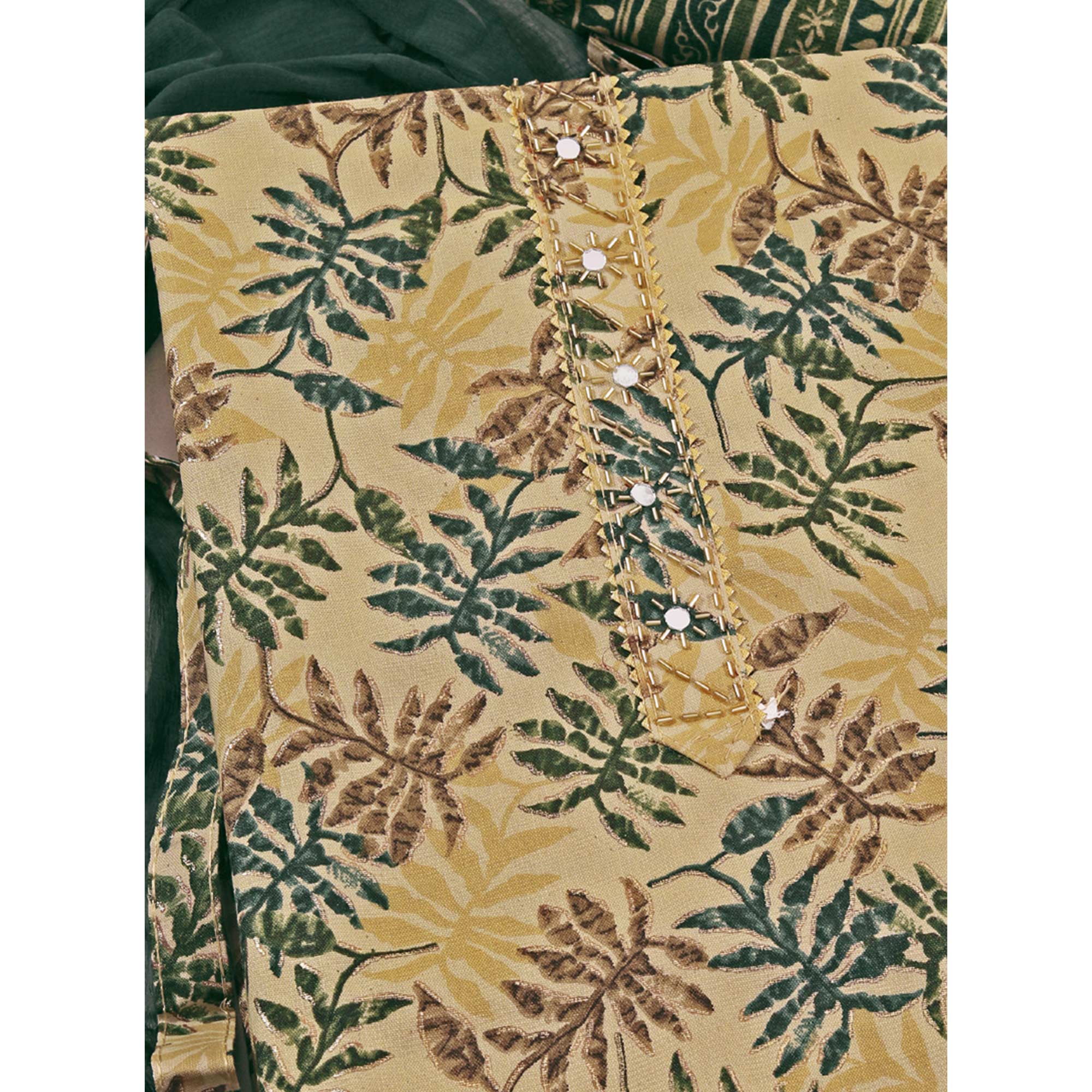 Chikoo & Green Foil Printed With Handwork Pure Pure Cotton Dress Material