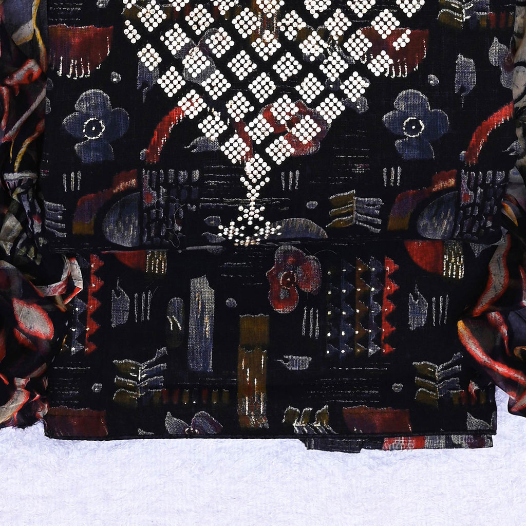 Black Floral Printed With Stone Work Yoke Pure Cotton Dress Material