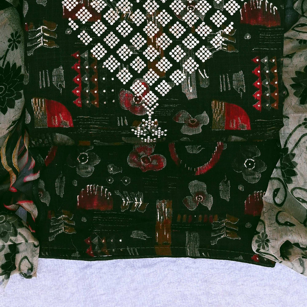Green Floral Printed With Stone Work Yoke Pure Cotton Dress Material