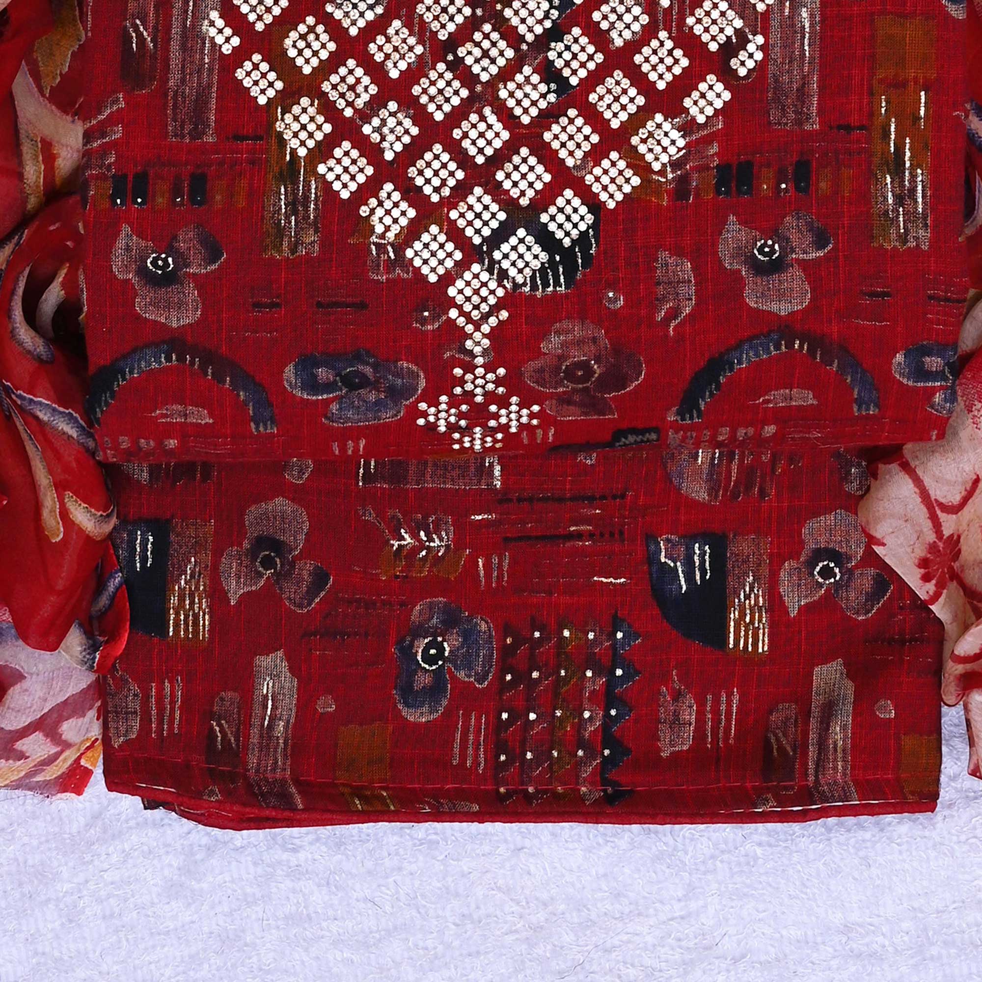 Maroon Floral Printed With Stone Work Yoke Pure Cotton Dress Material